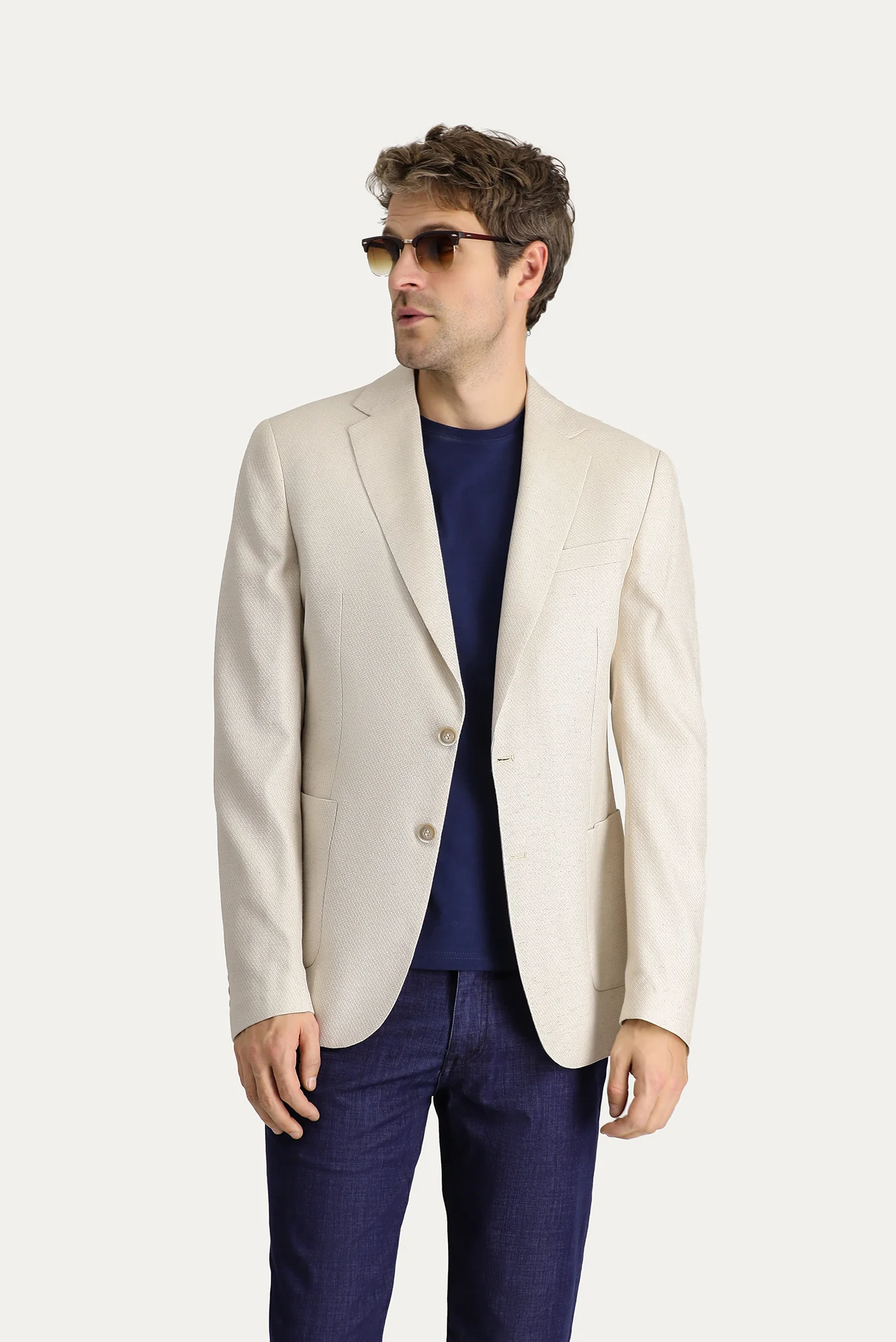 Krem 7 Drop Slim Fit Dar Kesim Klasik Desenli Ceket - Image 2