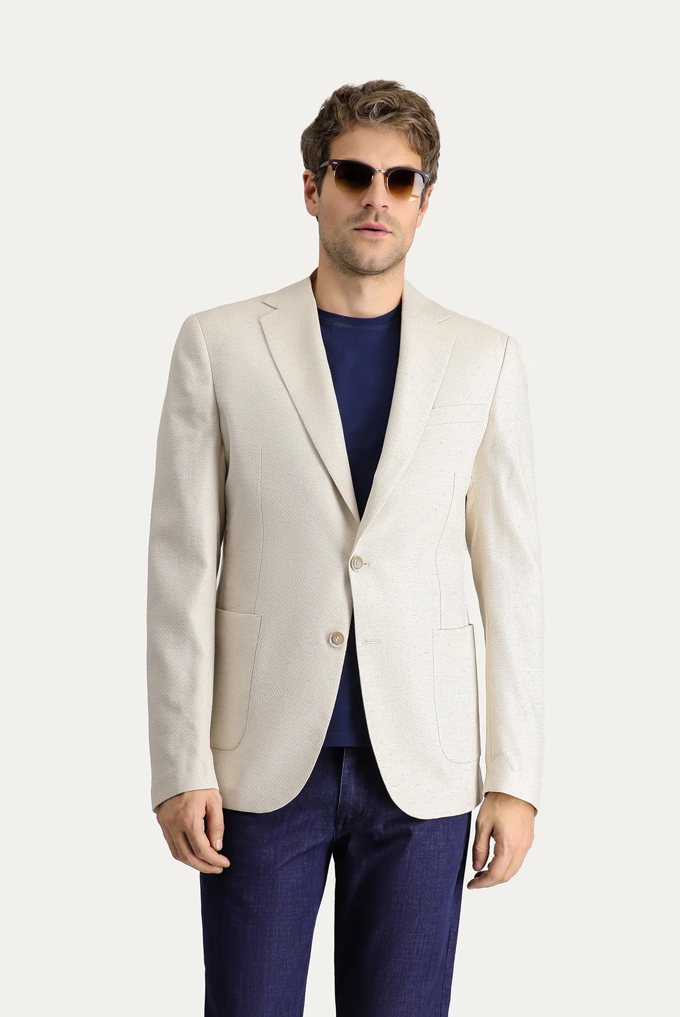 Krem 7 Drop Slim Fit Dar Kesim Klasik Desenli Ceket - Image 3