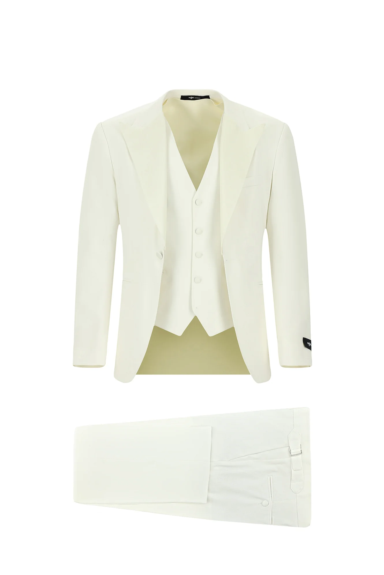 Krem 7 Drop Slim Fit Dar Kesim Sivri Yaka Yelekli Smokin & Damatlık