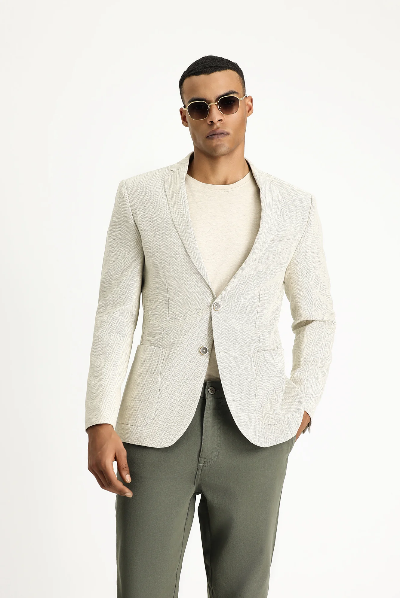 Krem 7 Drop Super Slim Fit Eksra Dar Kesim Desenli Keten Karışımlı Yünlü Spor Ceket
