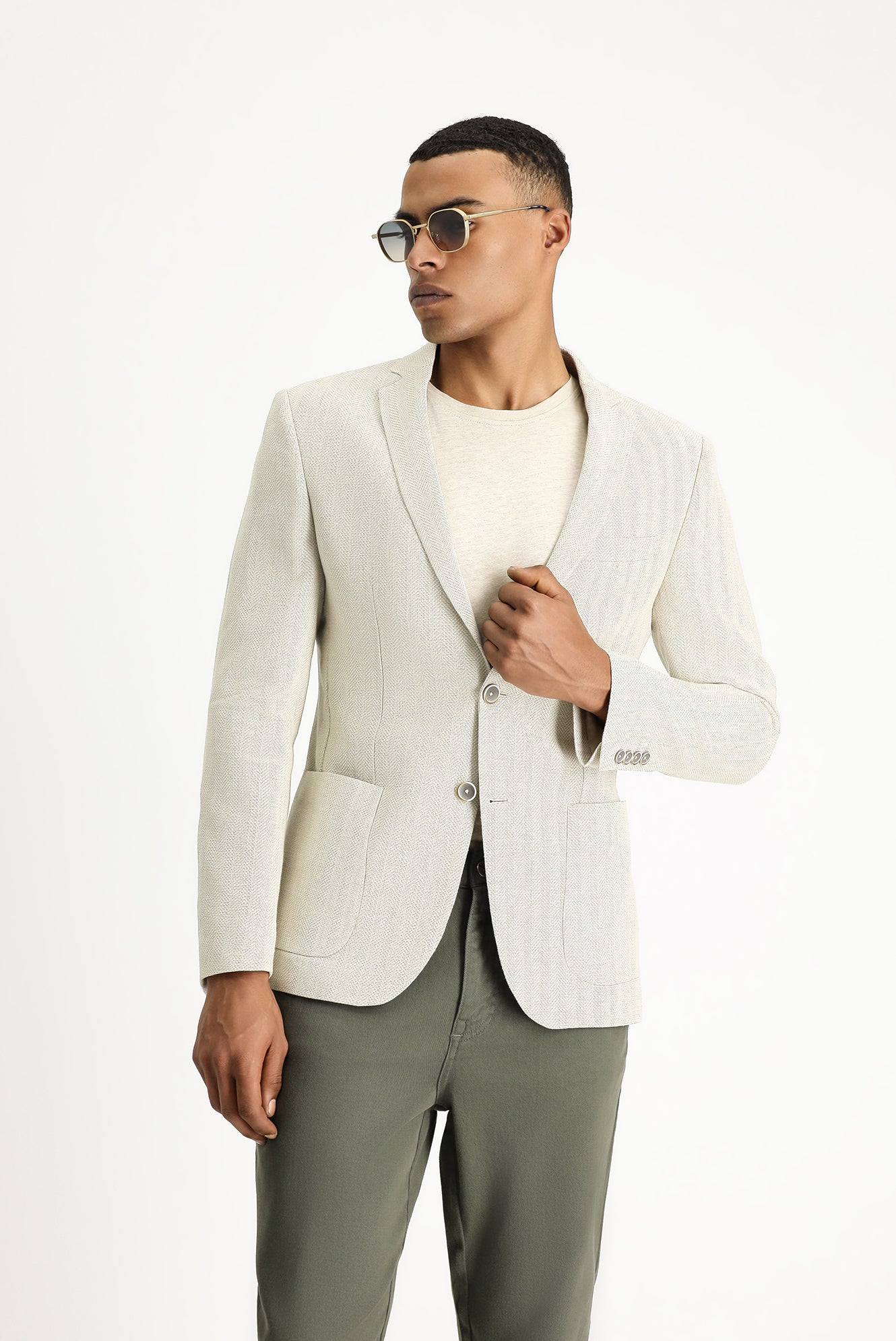 Krem 7 Drop Super Slim Fit Eksra Dar Kesim Desenli Keten Karışımlı Yünlü Spor Ceket - Image 3