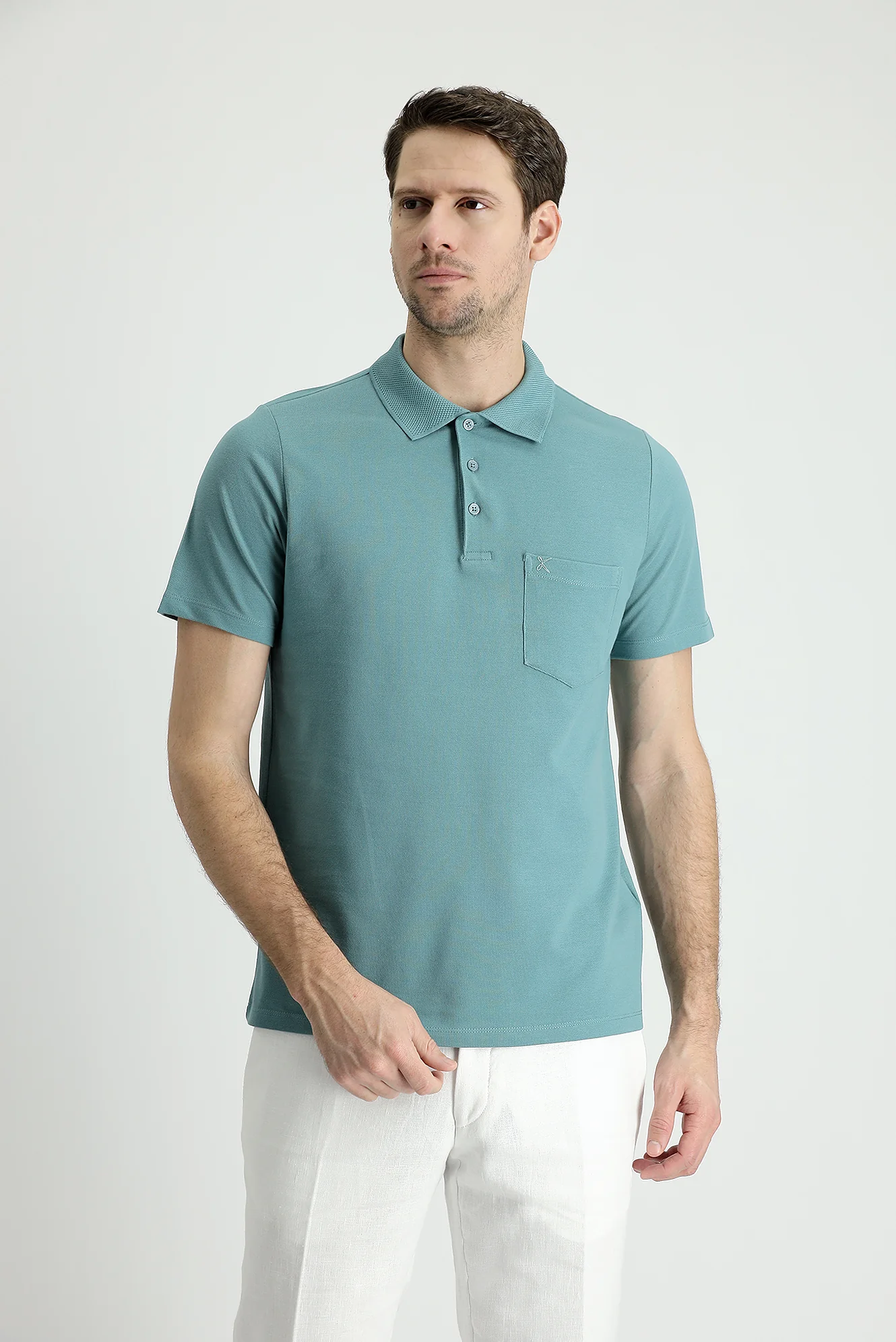 Küf Yeşili Polo Yaka Regular Fit Nakışlı Pamuk Tişört - Image 2