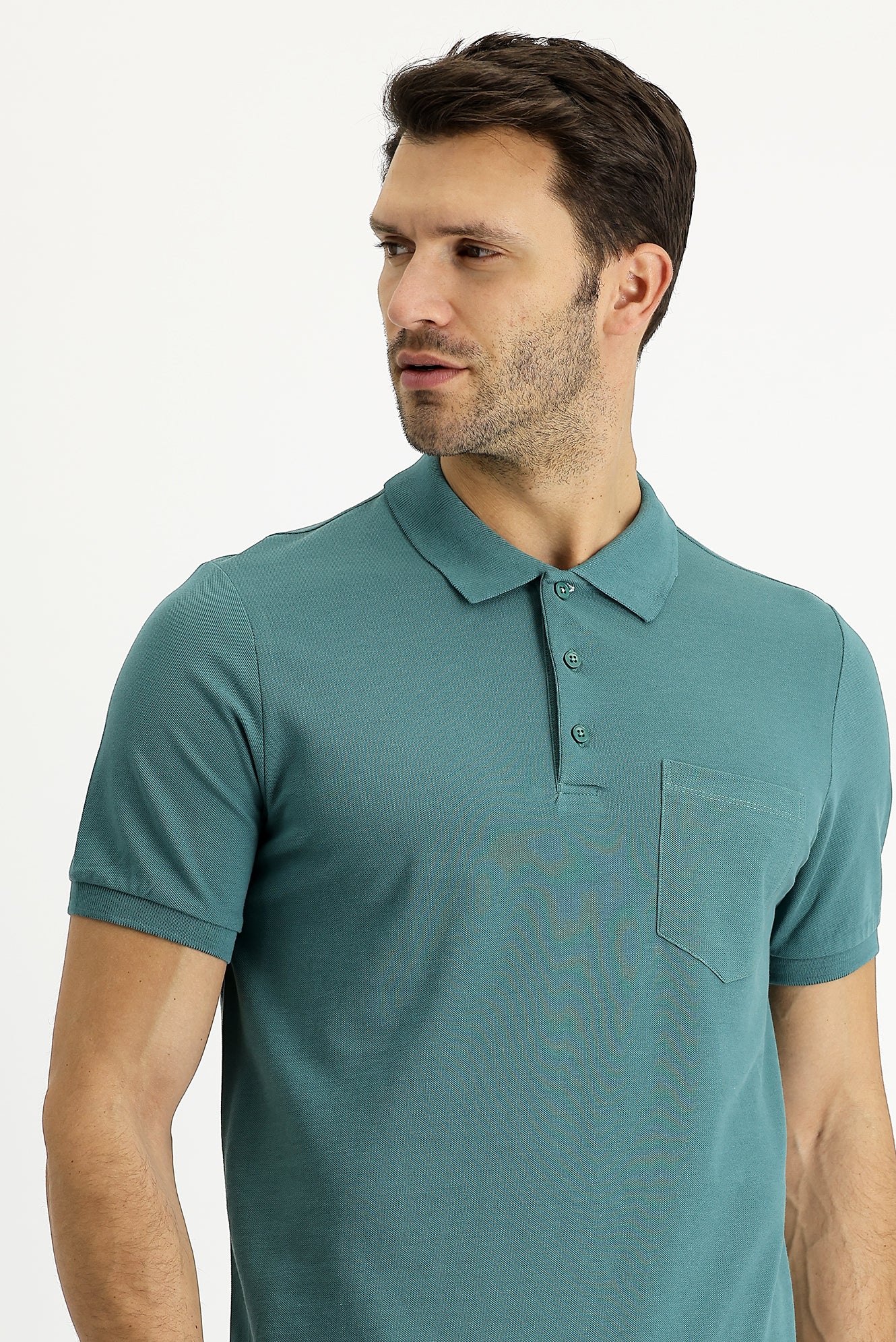 Küf Yeşili Polo Yaka Regular Fit Nakışlı Pamuk Tişört