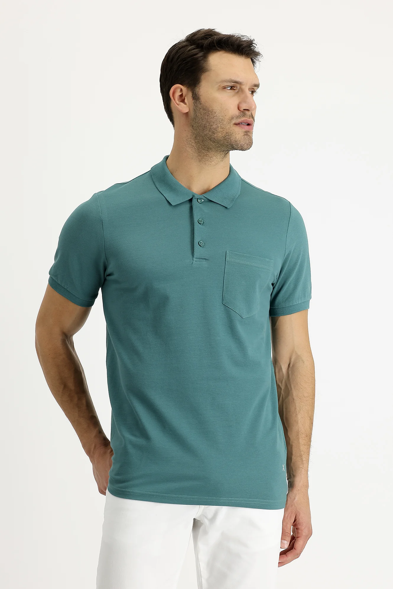 Küf Yeşili Polo Yaka Regular Fit Nakışlı Pamuk Tişört - Image 2