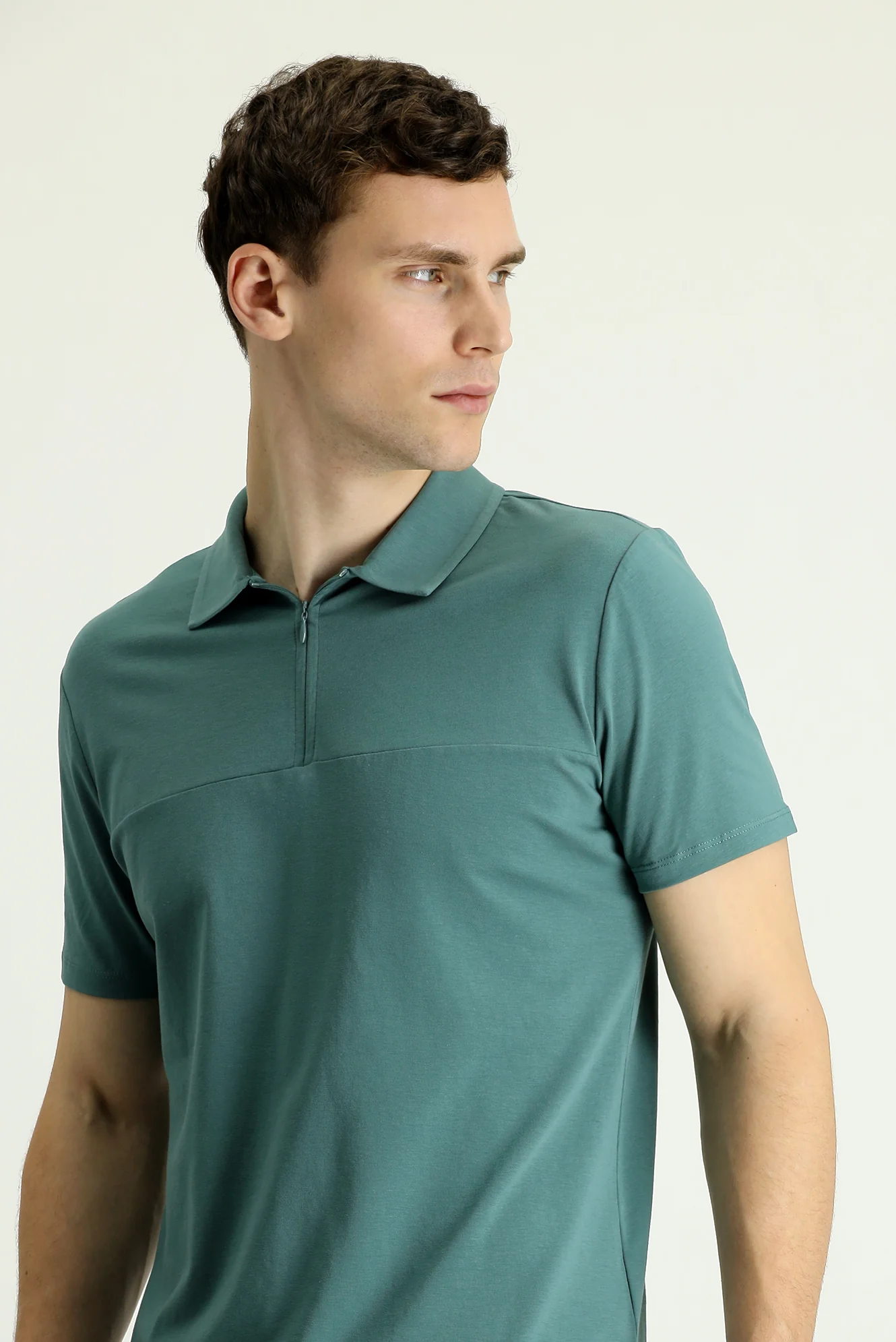 Küf Yeşili Polo Yaka Slim Fit Dar Kesim Fermuarlı Pamuklu Tişört