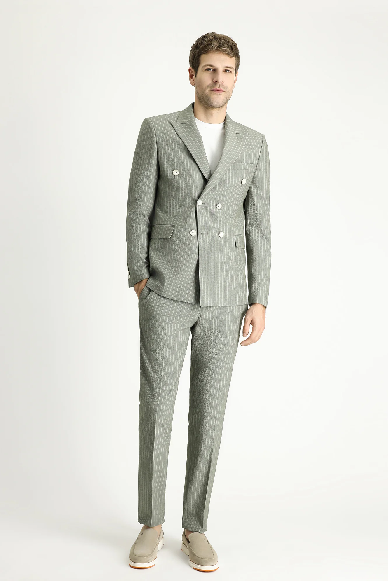 Küf Yeşili 7 Drop Slim Fit Dar Kesim Beli Lastikli Likralı Çizgili Klasik Kumaş Pantolon - Image 2