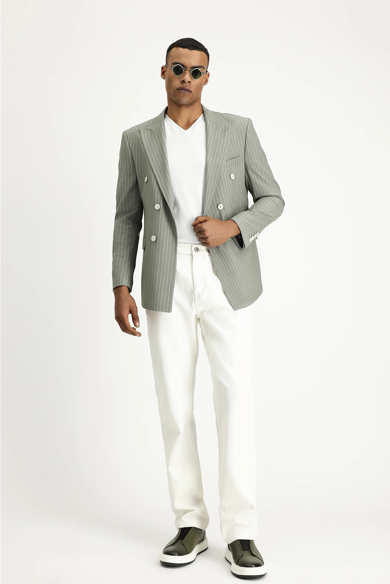 Küf Yeşili 7 Drop Slim Fit Dar Kesim Çizgili Kruvaze Ceket