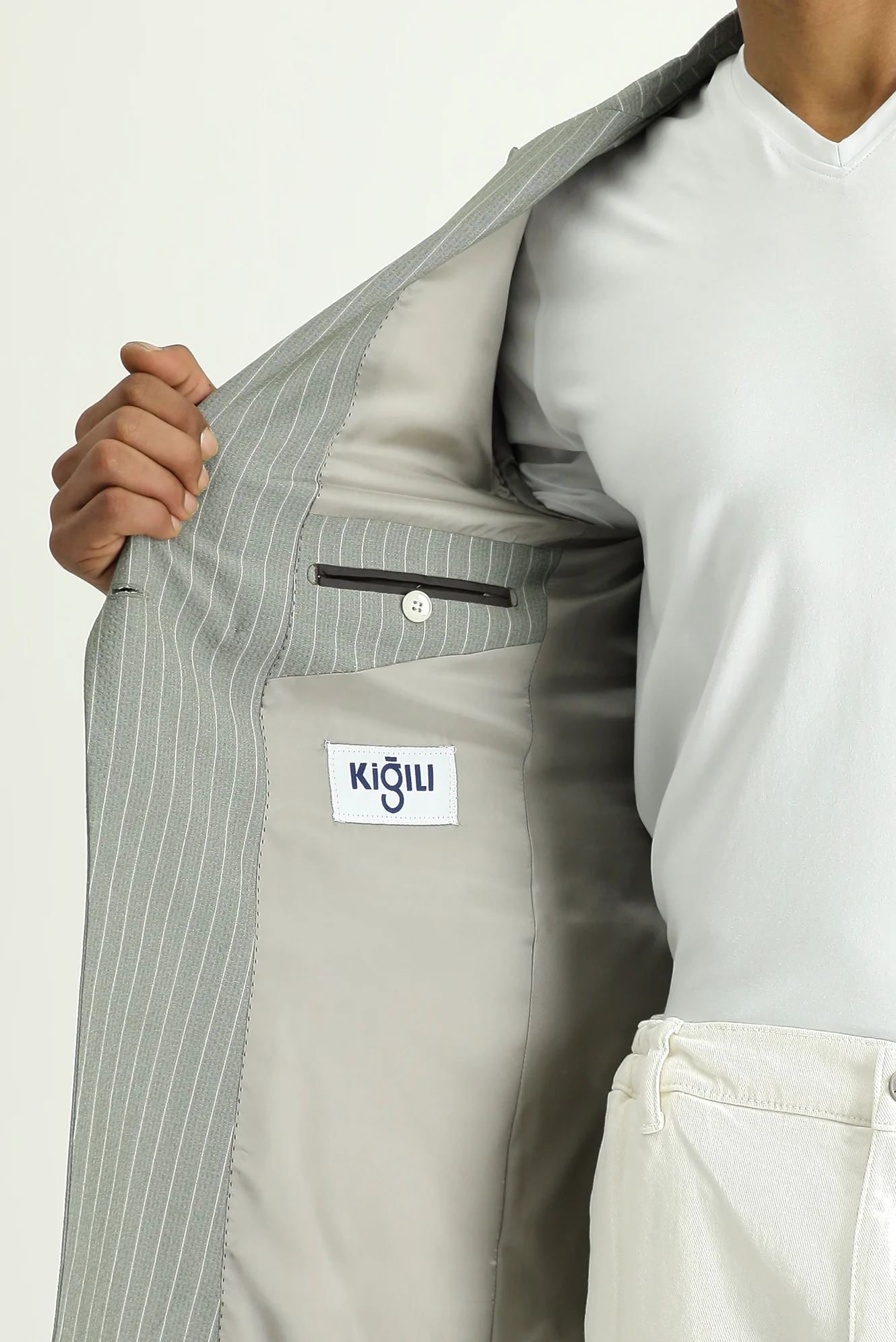Küf Yeşili 7 Drop Slim Fit Dar Kesim Çizgili Kruvaze Ceket - Image 4