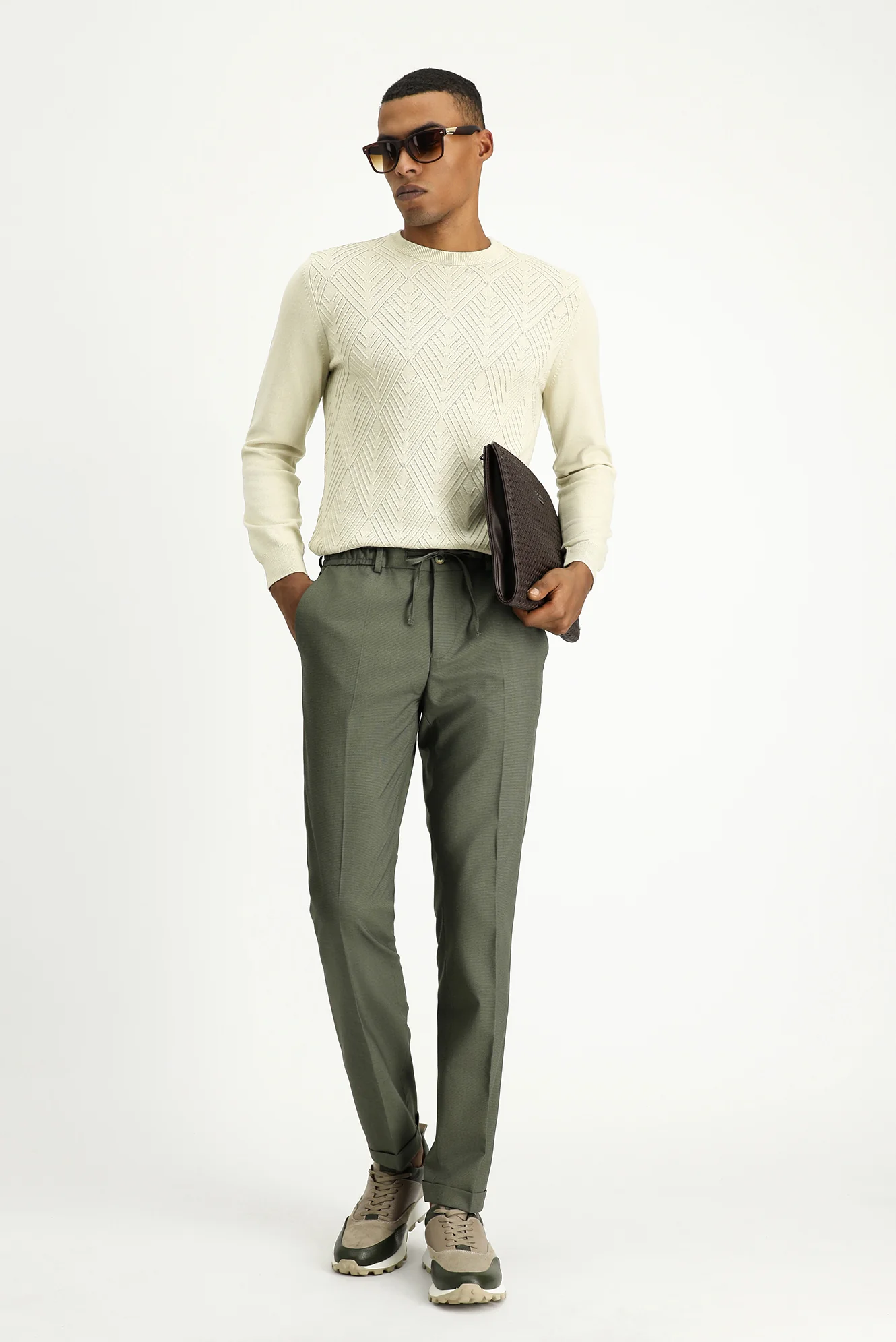 Küf Yeşili 7 Drop Super Slim Fit Eksra Dar Kesim Likralı Beli Lastikli İpli Klasik Kumaş Pantolon