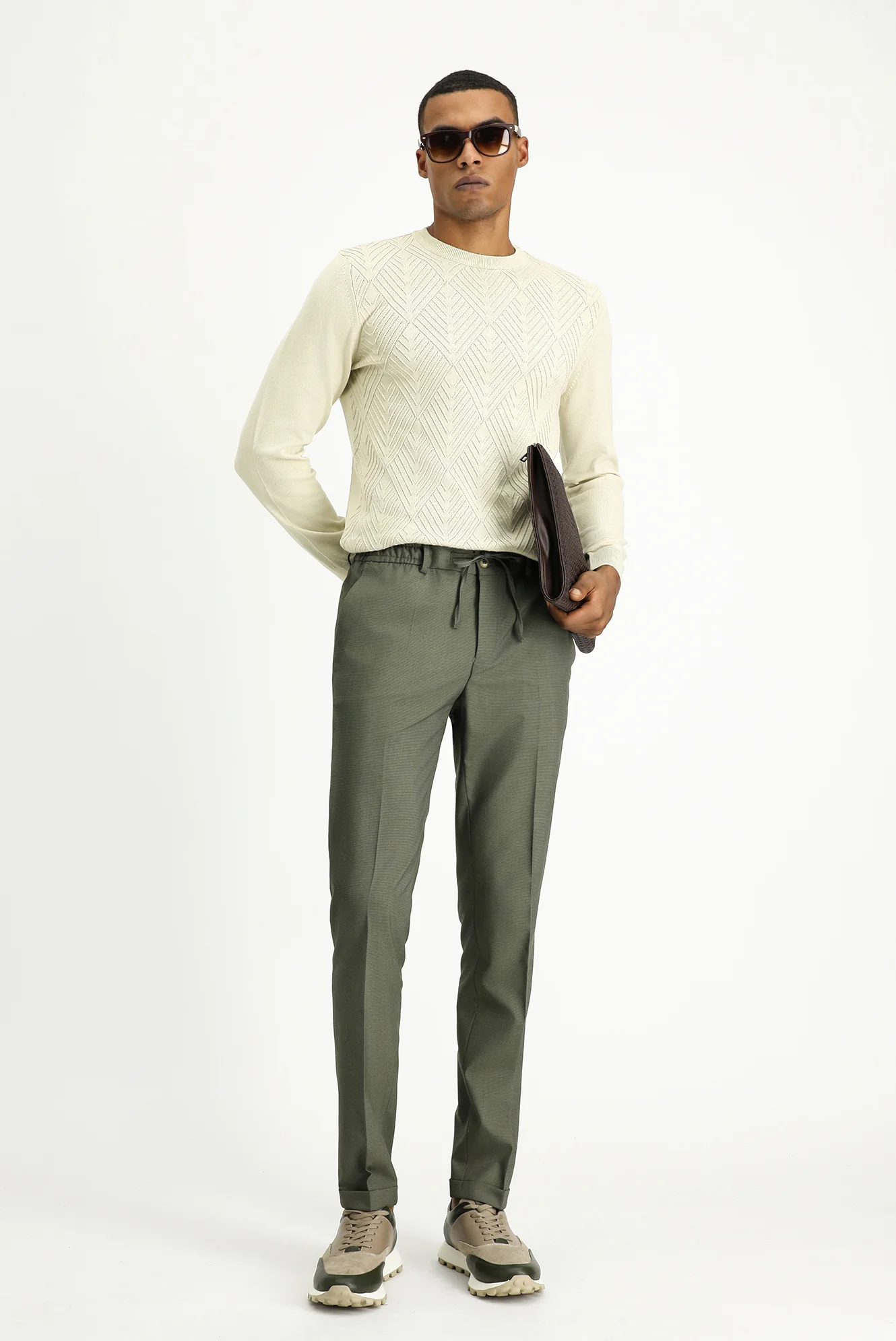 Küf Yeşili 7 Drop Super Slim Fit Eksra Dar Kesim Likralı Beli Lastikli İpli Klasik Kumaş Pantolon - Image 2