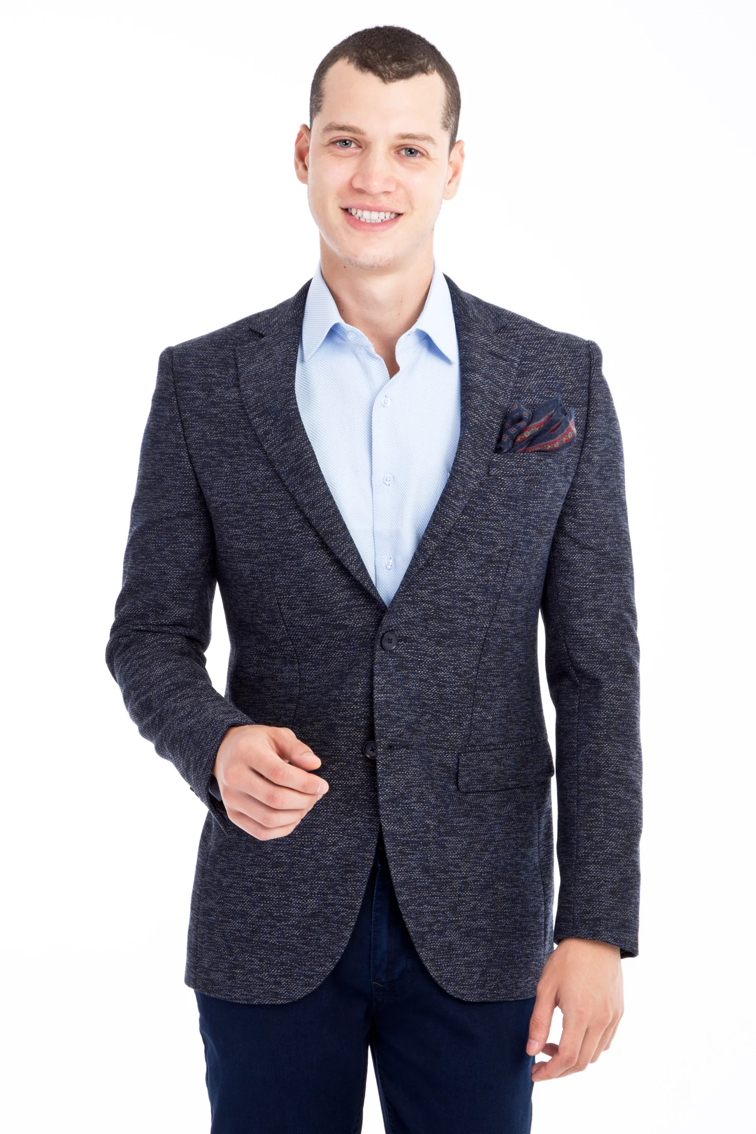 Lacivert 8 Drop Long Slim Fit Uzun Dar Kesim Desenli Ceket