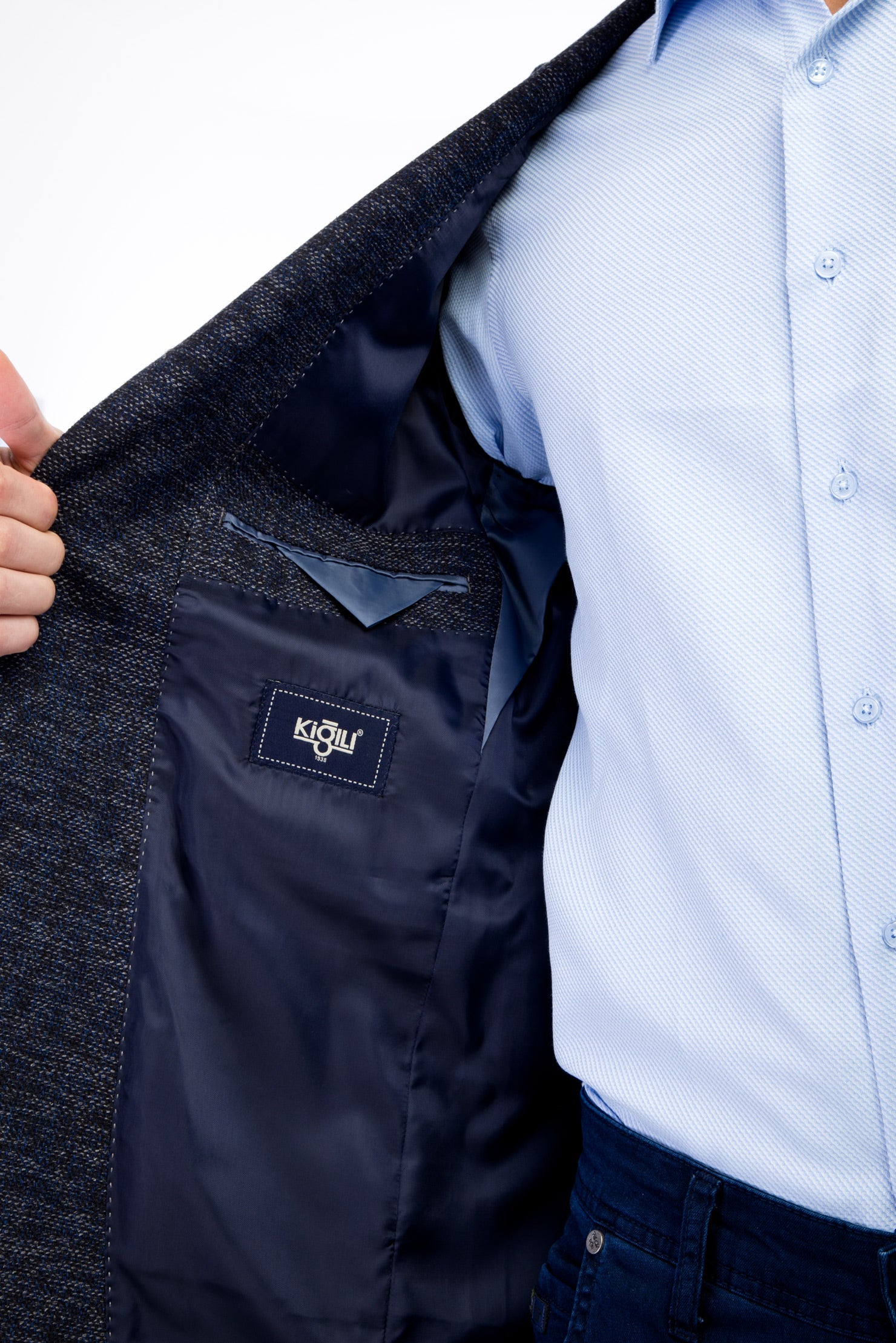 Lacivert 8 Drop Long Slim Fit Uzun Dar Kesim Desenli Ceket - Image 5