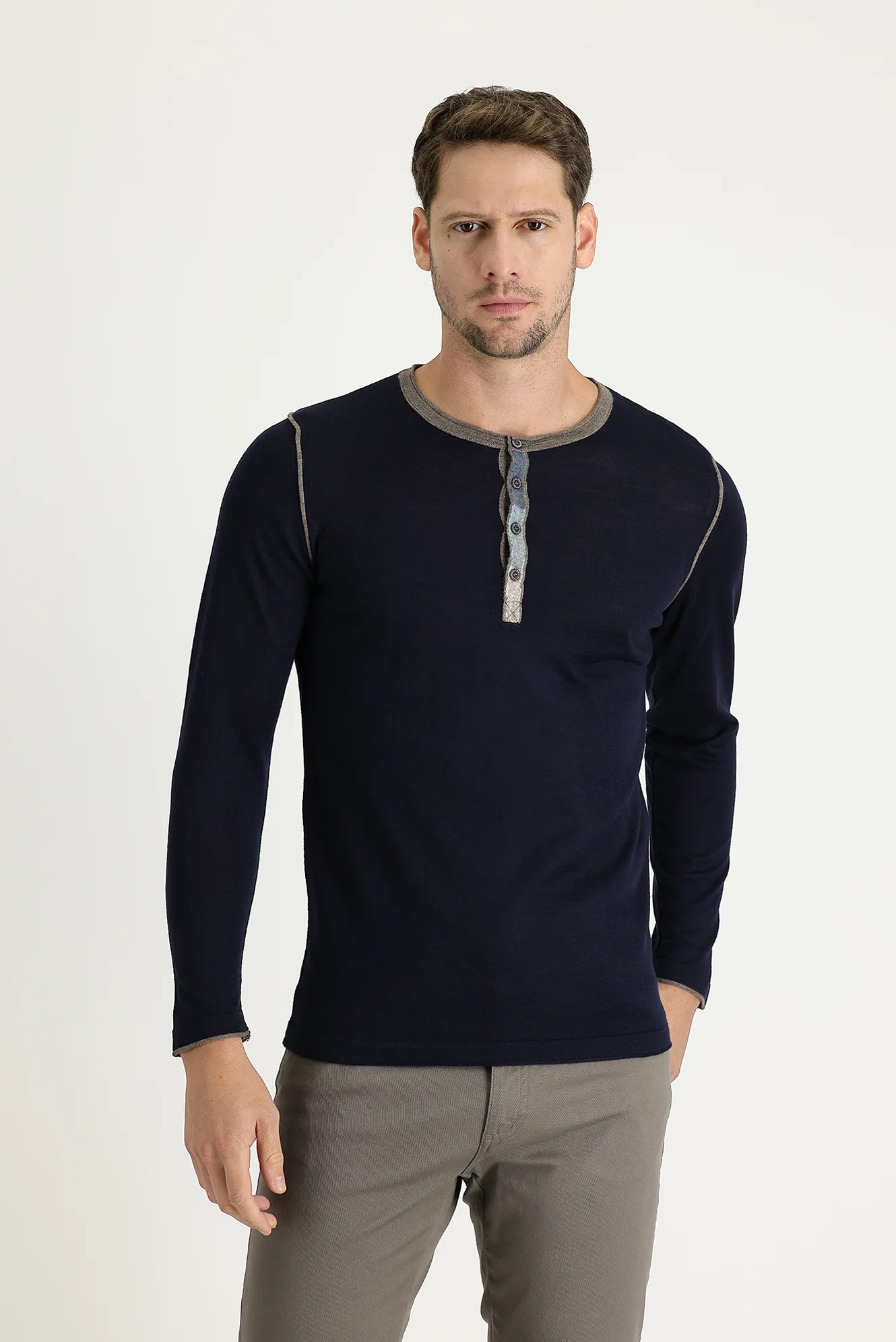 Lacivert Düğmeli Yaka Slim Fit Dar Kesim Desenli Yünlü Triko Kazak
