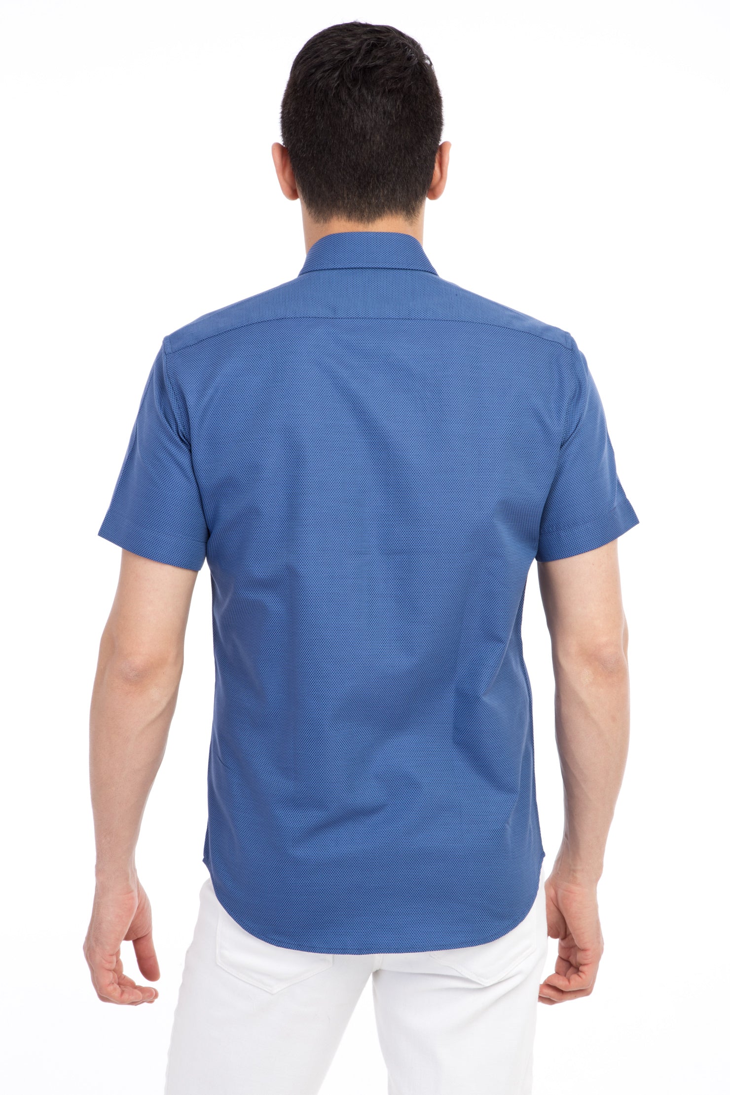 Lacivert Kısa Kol Desenli Slim Fit Dar Kesim Pamuk Gömlek - Image 2
