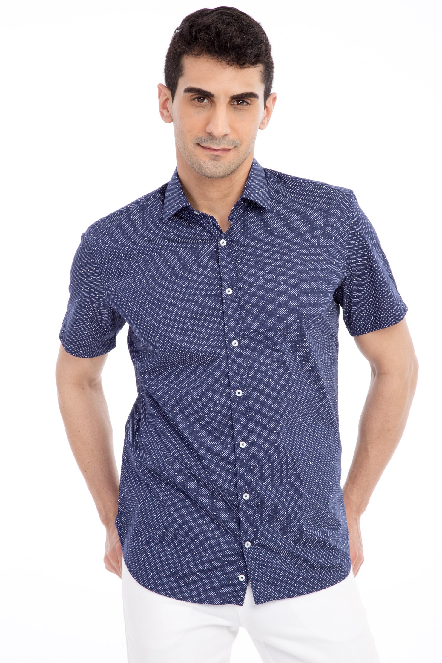 Lacivert Kısa Kol Slim Fit Dar Kesim Desenli Pamuk Gömlek - Image 2
