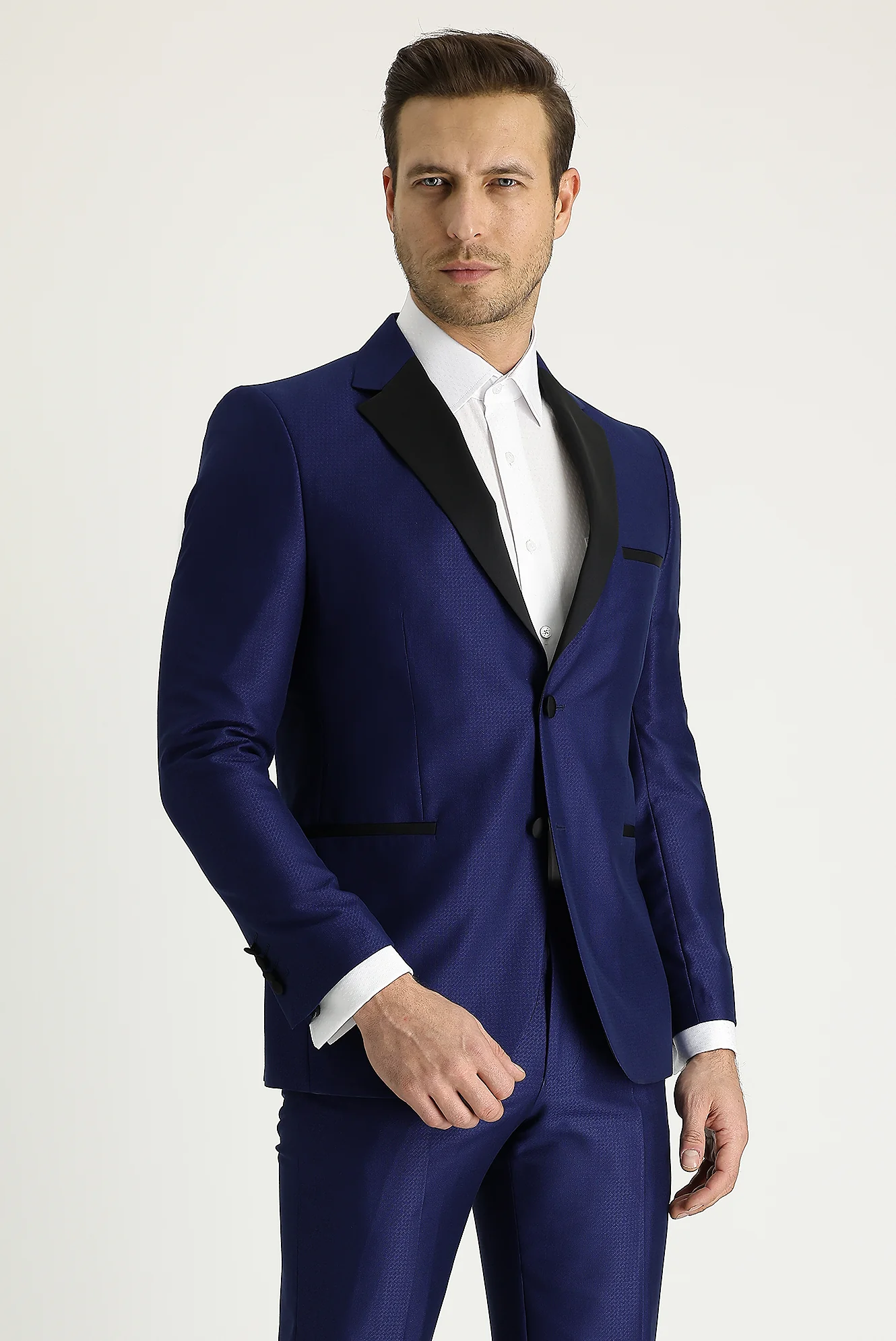 Lacivert 7 Drop Slim Fit Dar Kesim Mono Yaka Desenli Smokin & Damatlık - Image 2