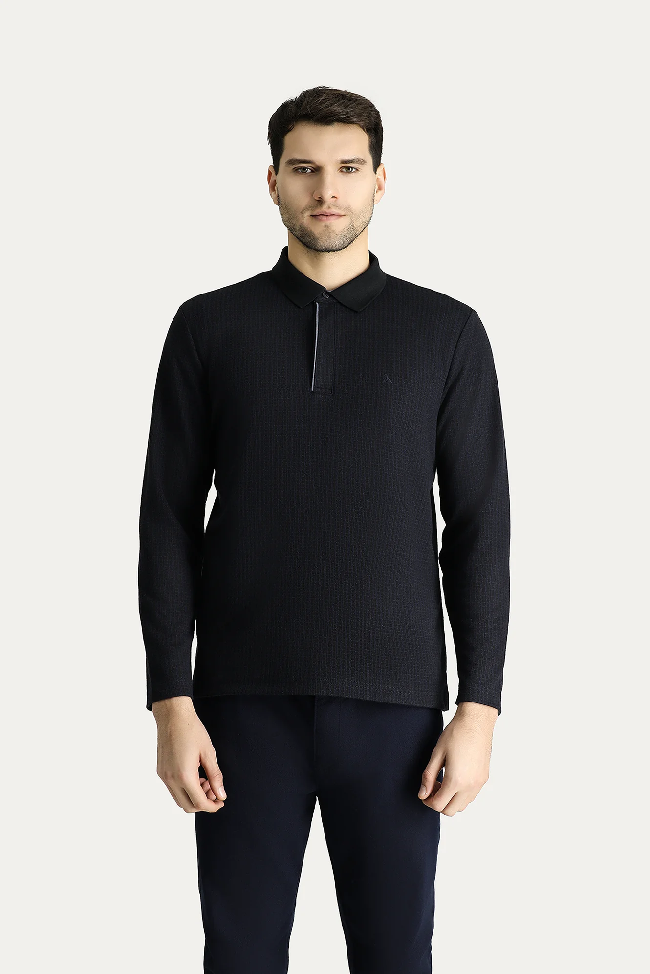 Lacivert Polo Yaka Desenli Nakışlı Sweatshirt - Image 3
