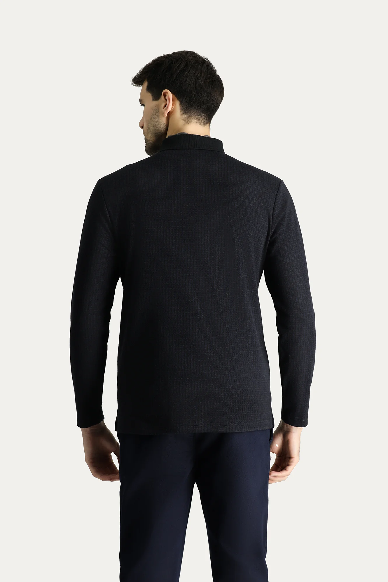 Lacivert Polo Yaka Desenli Nakışlı Sweatshirt - Image 4