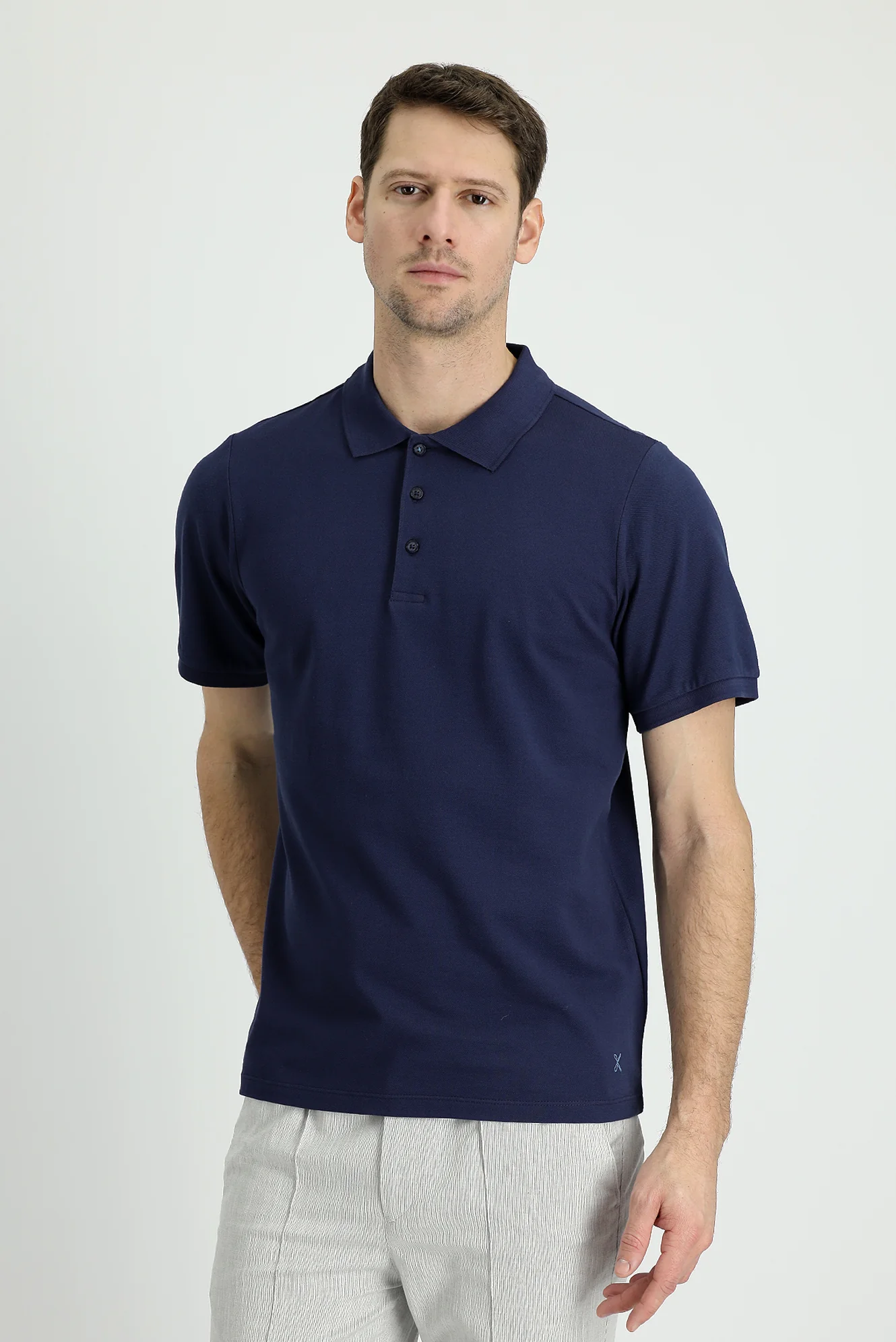 Lacivert Polo Yaka Regular Fit Nakışlı Pamuk Tişört - Image 2