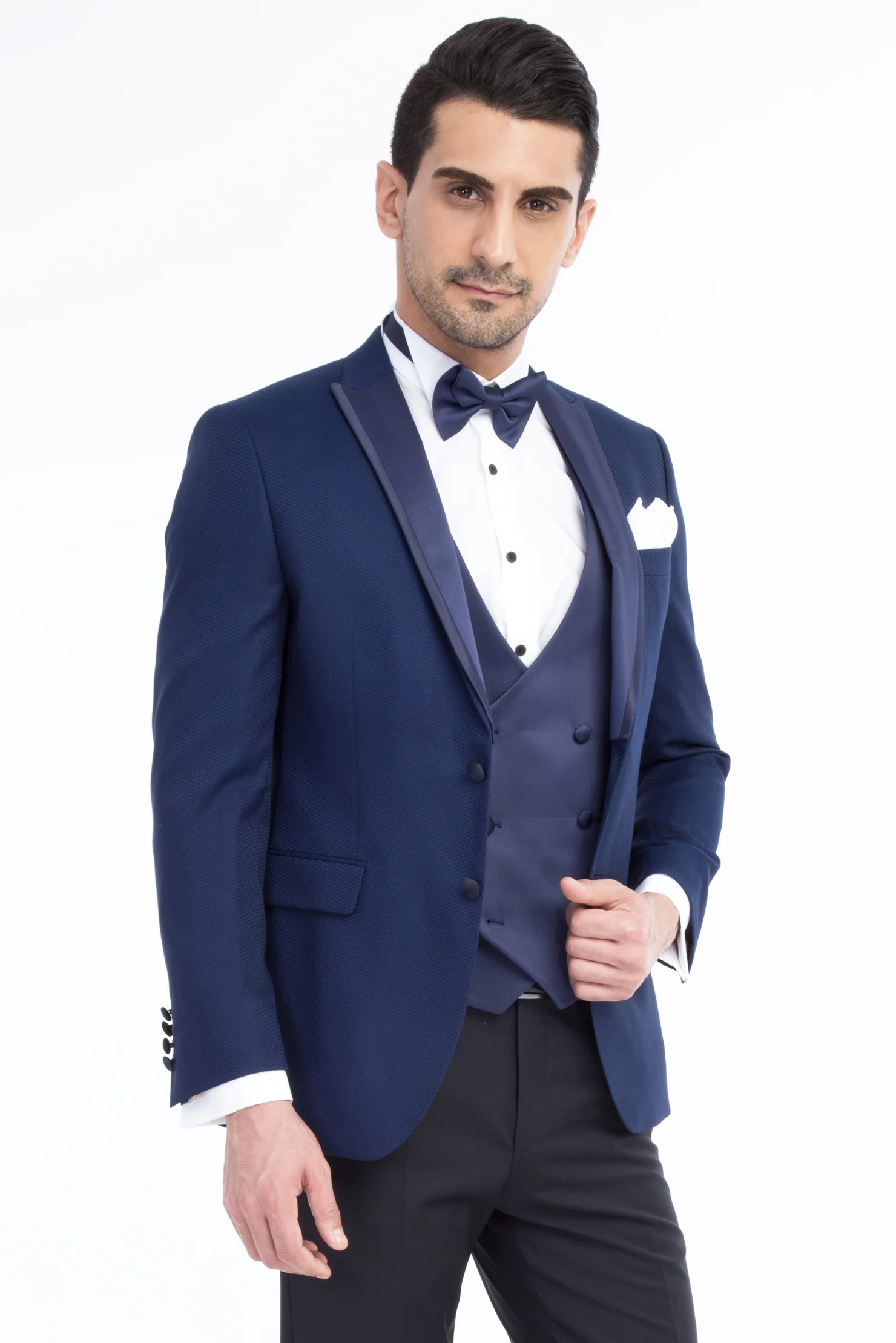 Lacivert 7 Drop Slim Fit Dar Kesim Desenli Yelekli Smokin & Damatlık - Image 2