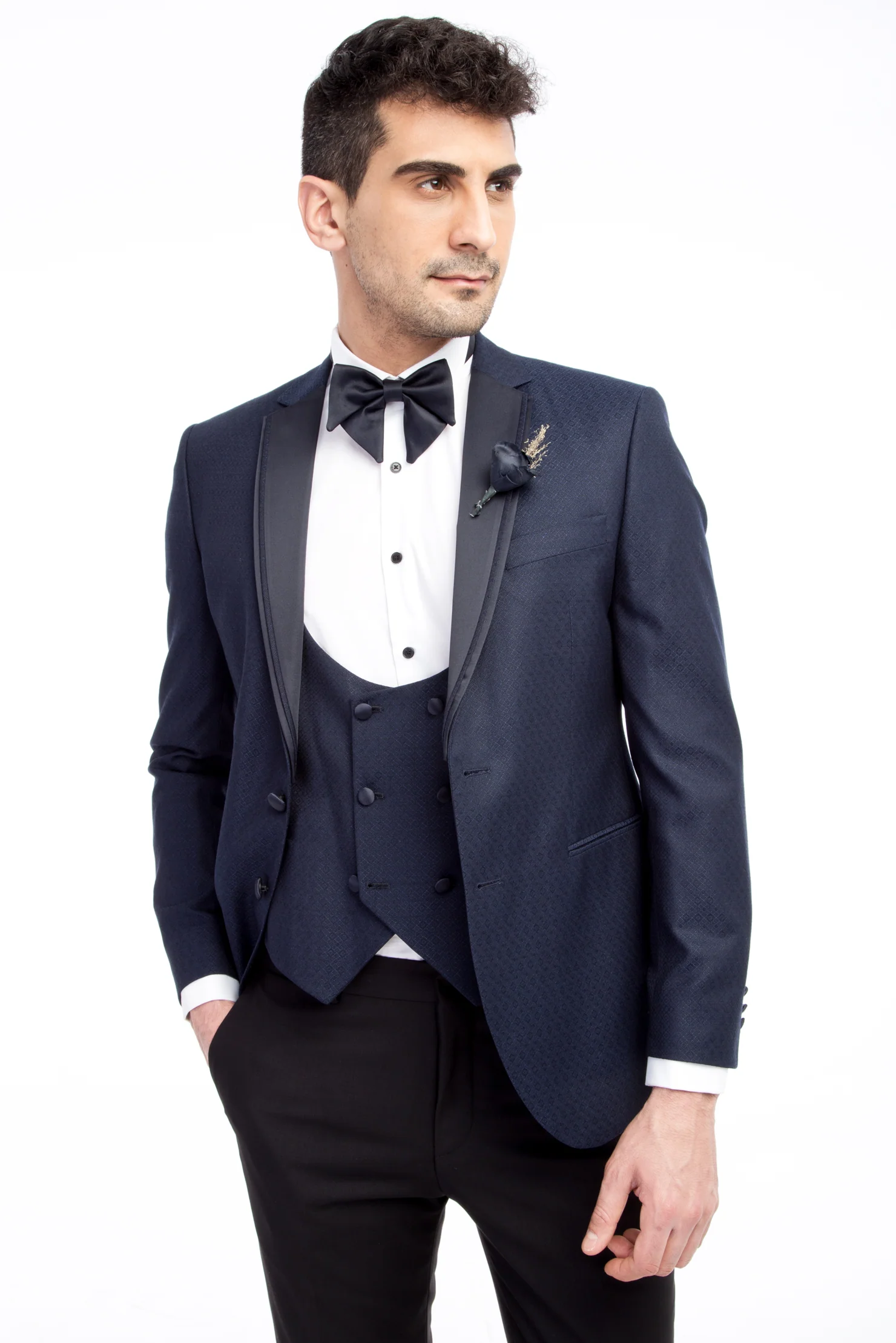 Lacivert 7 Drop Slim Fit Dar Kesim Mono Yaka Desenli Yelekli Smokin & Damatlık - Image 2