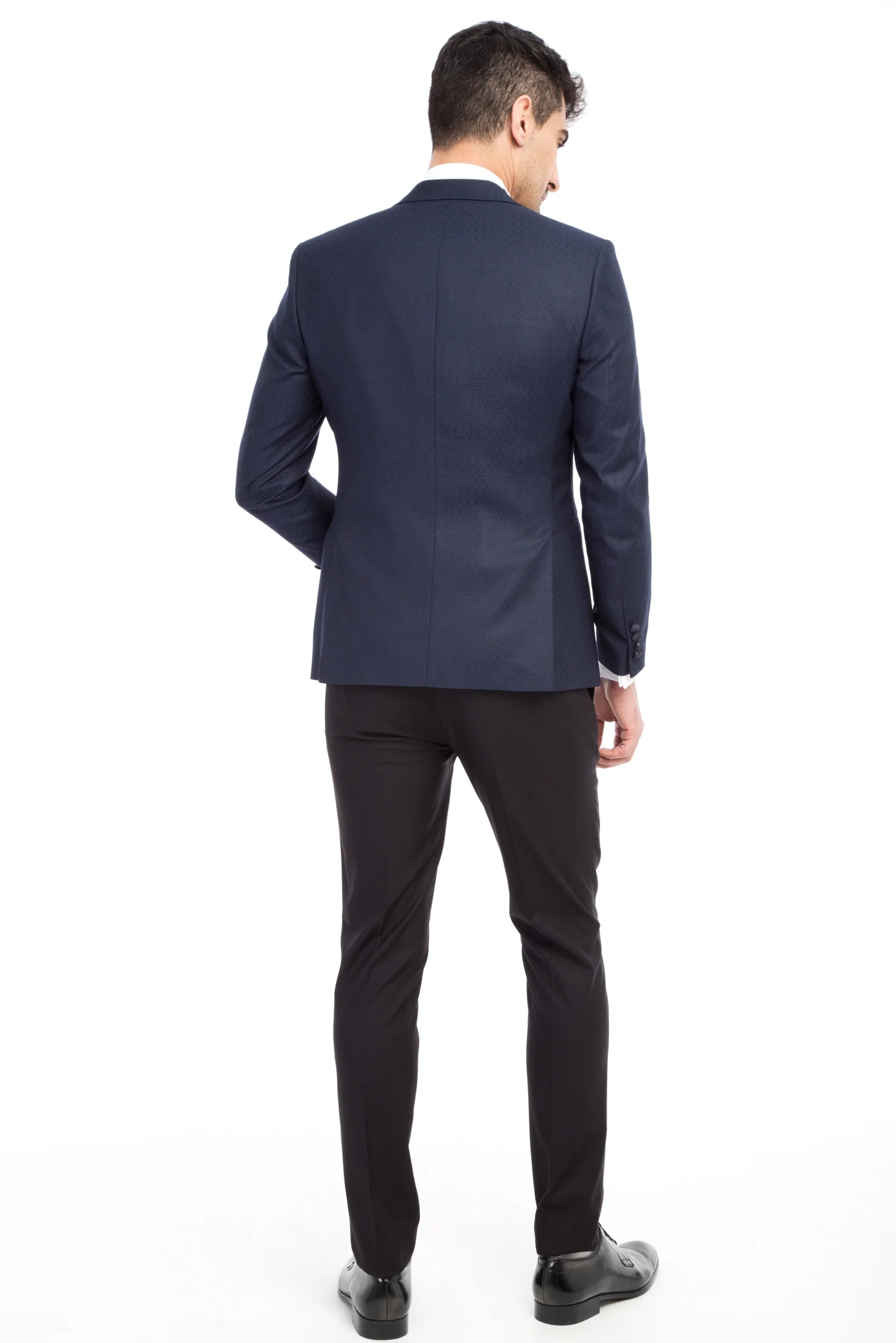 Lacivert 7 Drop Slim Fit Dar Kesim Mono Yaka Desenli Yelekli Smokin & Damatlık - Image 3