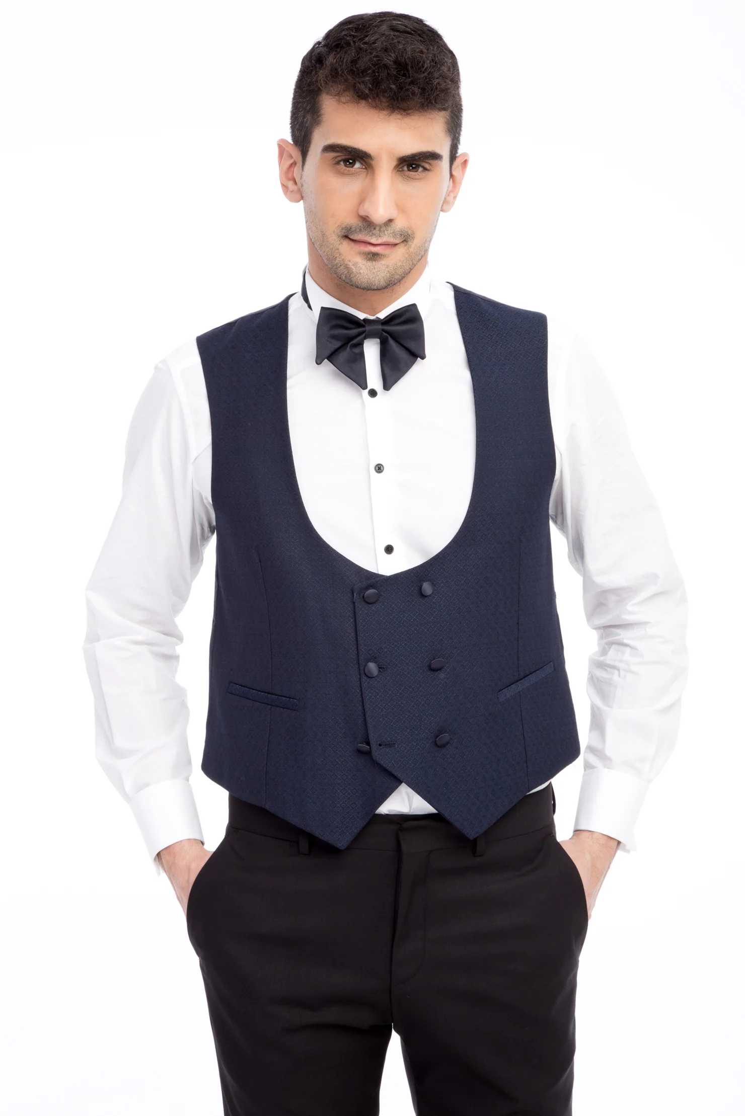 Lacivert 7 Drop Slim Fit Dar Kesim Mono Yaka Desenli Yelekli Smokin & Damatlık - Image 4