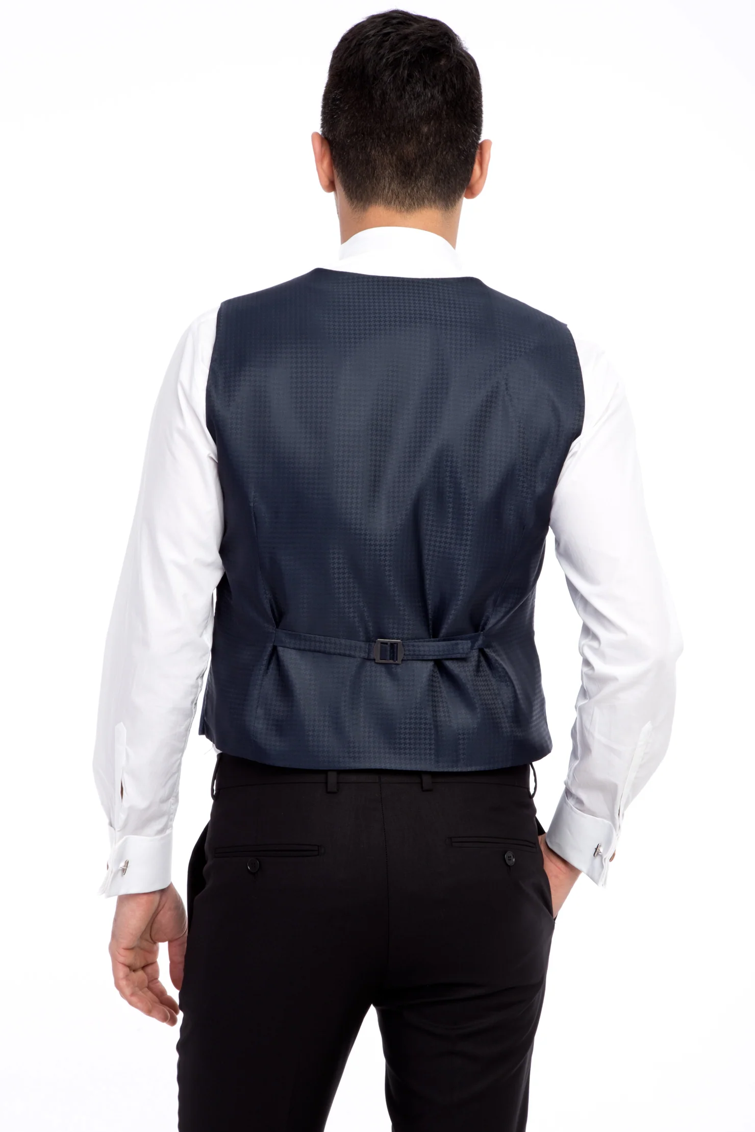 Lacivert 7 Drop Slim Fit Dar Kesim Mono Yaka Desenli Yelekli Smokin & Damatlık - Image 5