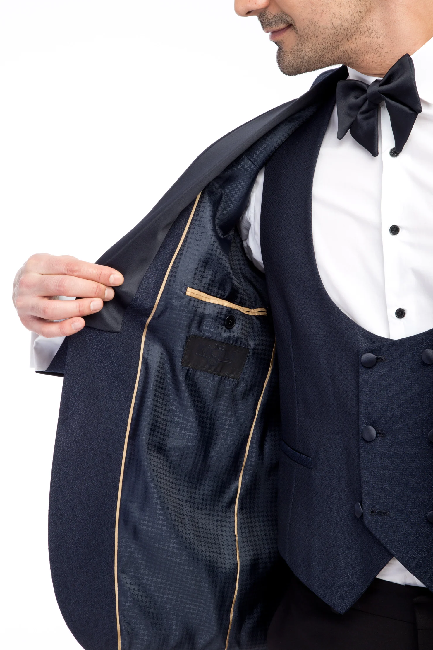 Lacivert 7 Drop Slim Fit Dar Kesim Mono Yaka Desenli Yelekli Smokin & Damatlık - Image 6
