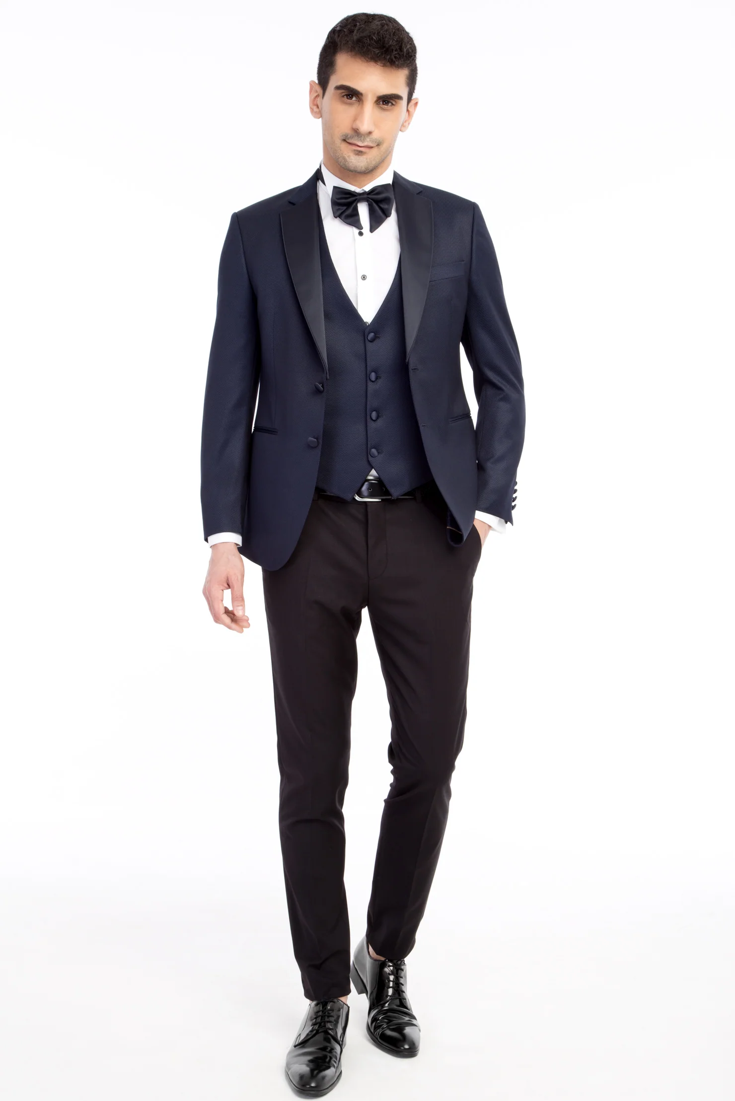 Lacivert 7 Drop Slim Fit Dar Kesim Mono Yaka Desenli Yelekli Smokin & Damatlık