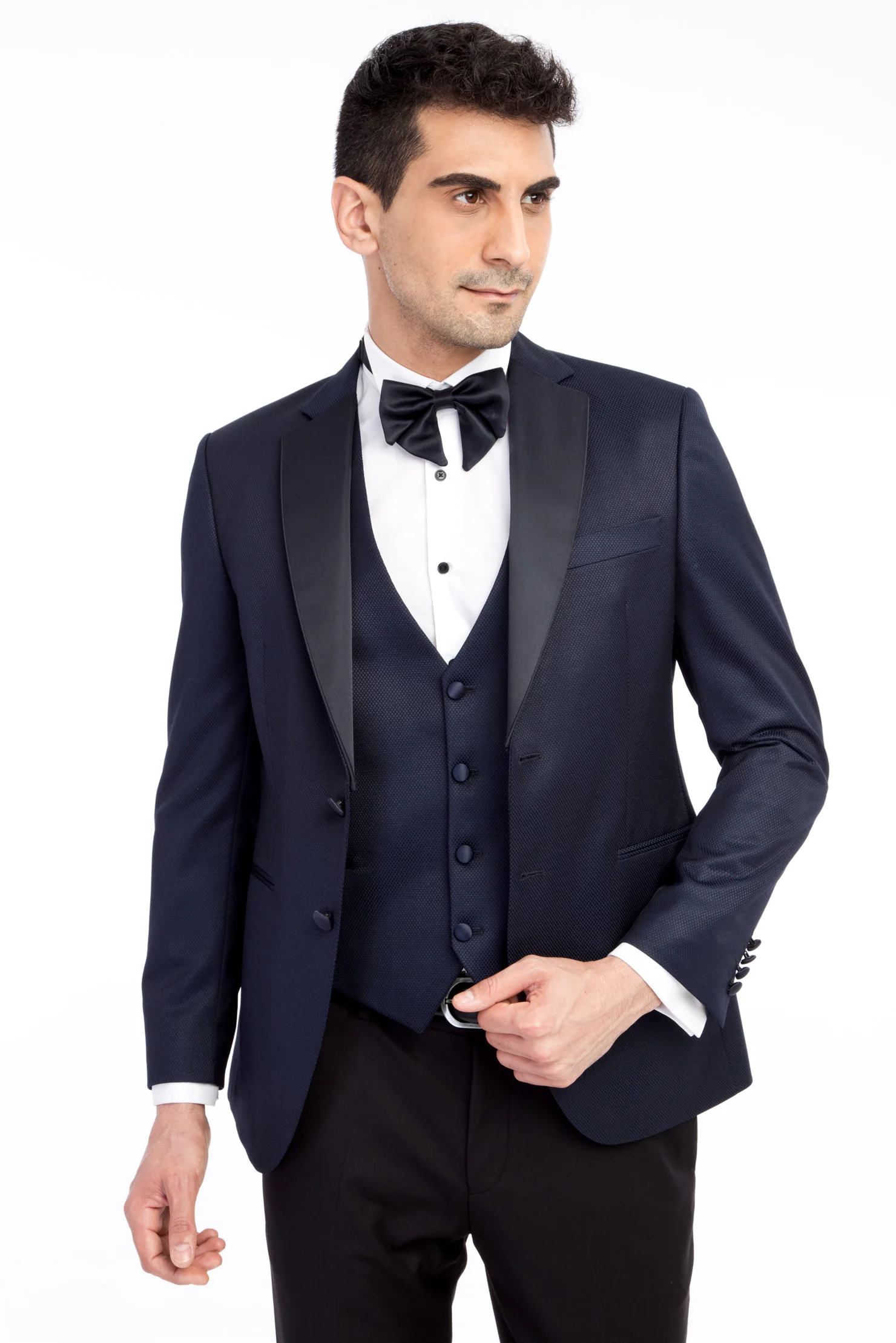 Lacivert 7 Drop Slim Fit Dar Kesim Mono Yaka Desenli Yelekli Smokin & Damatlık - Image 2