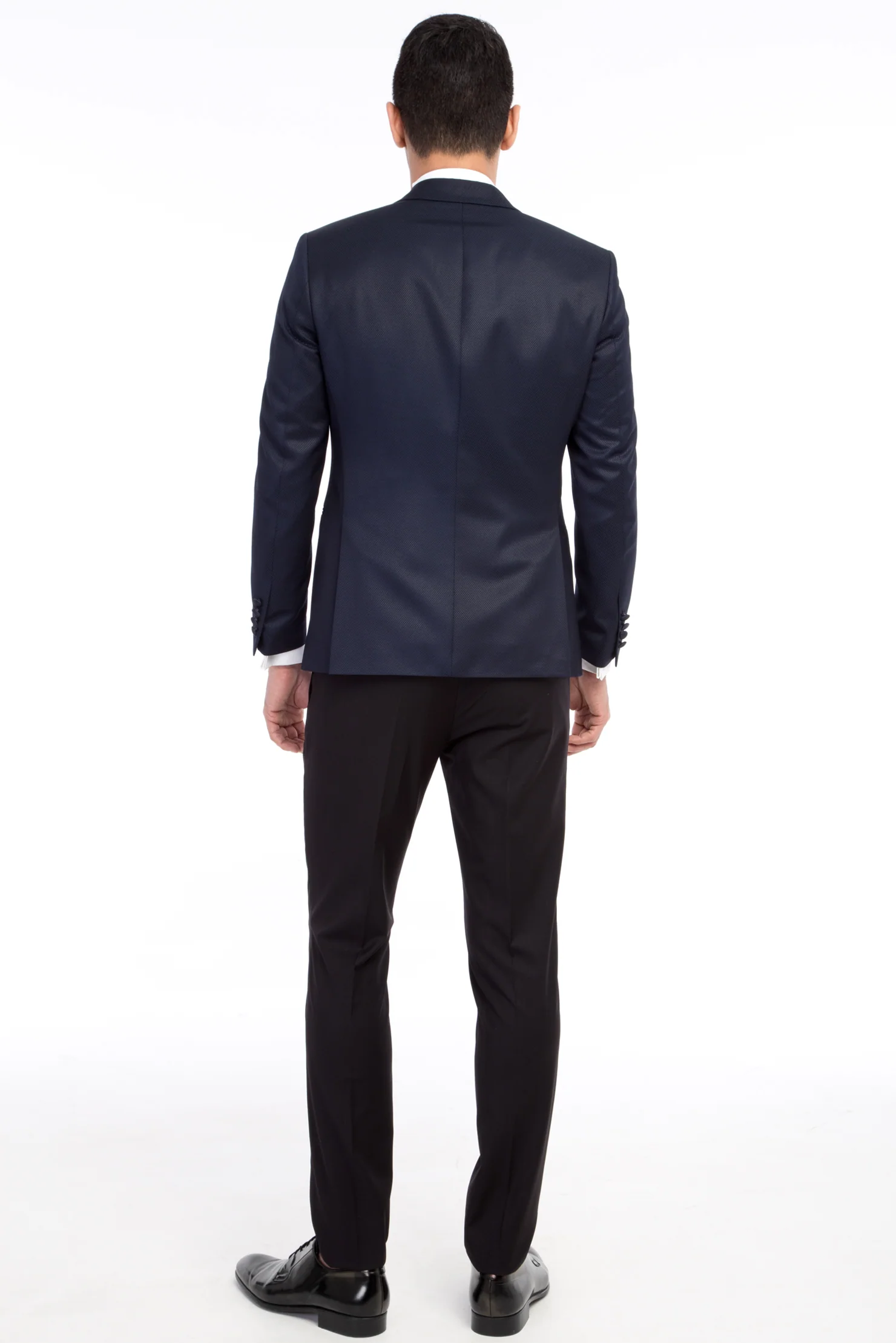 Lacivert 7 Drop Slim Fit Dar Kesim Mono Yaka Desenli Yelekli Smokin & Damatlık - Image 3