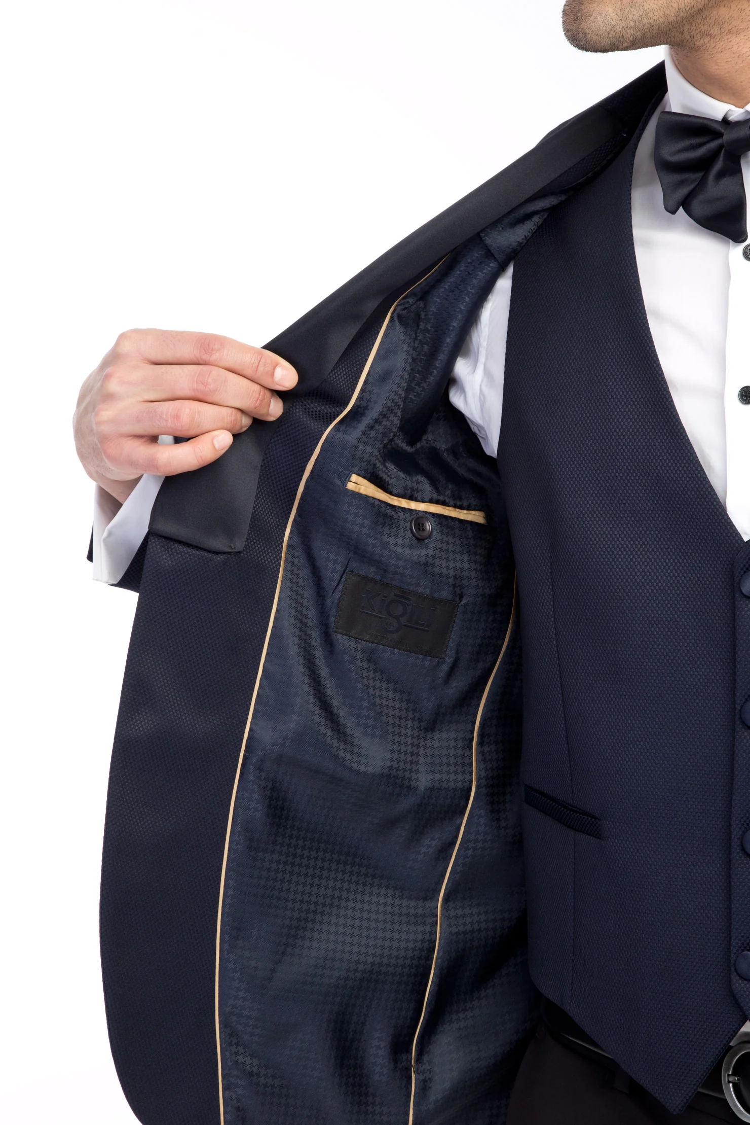 Lacivert 7 Drop Slim Fit Dar Kesim Mono Yaka Desenli Yelekli Smokin & Damatlık - Image 4