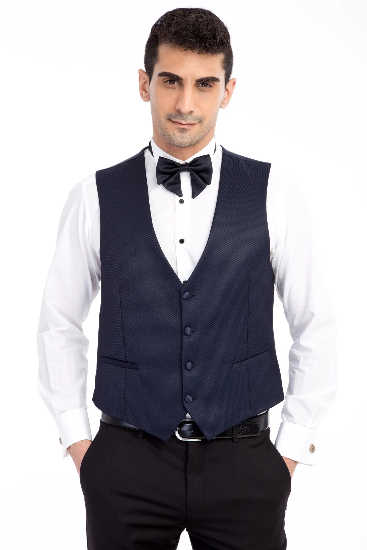 Lacivert 7 Drop Slim Fit Dar Kesim Mono Yaka Desenli Yelekli Smokin & Damatlık - Image 5