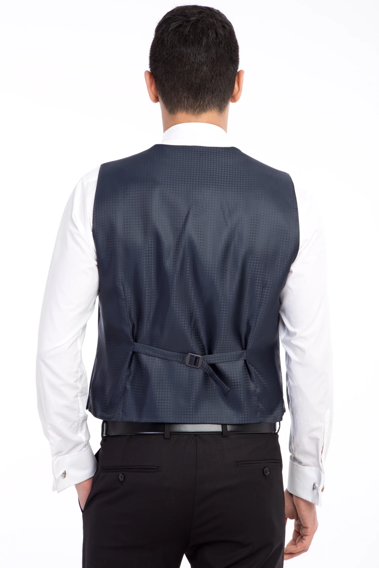 Lacivert 7 Drop Slim Fit Dar Kesim Mono Yaka Desenli Yelekli Smokin & Damatlık - Image 6