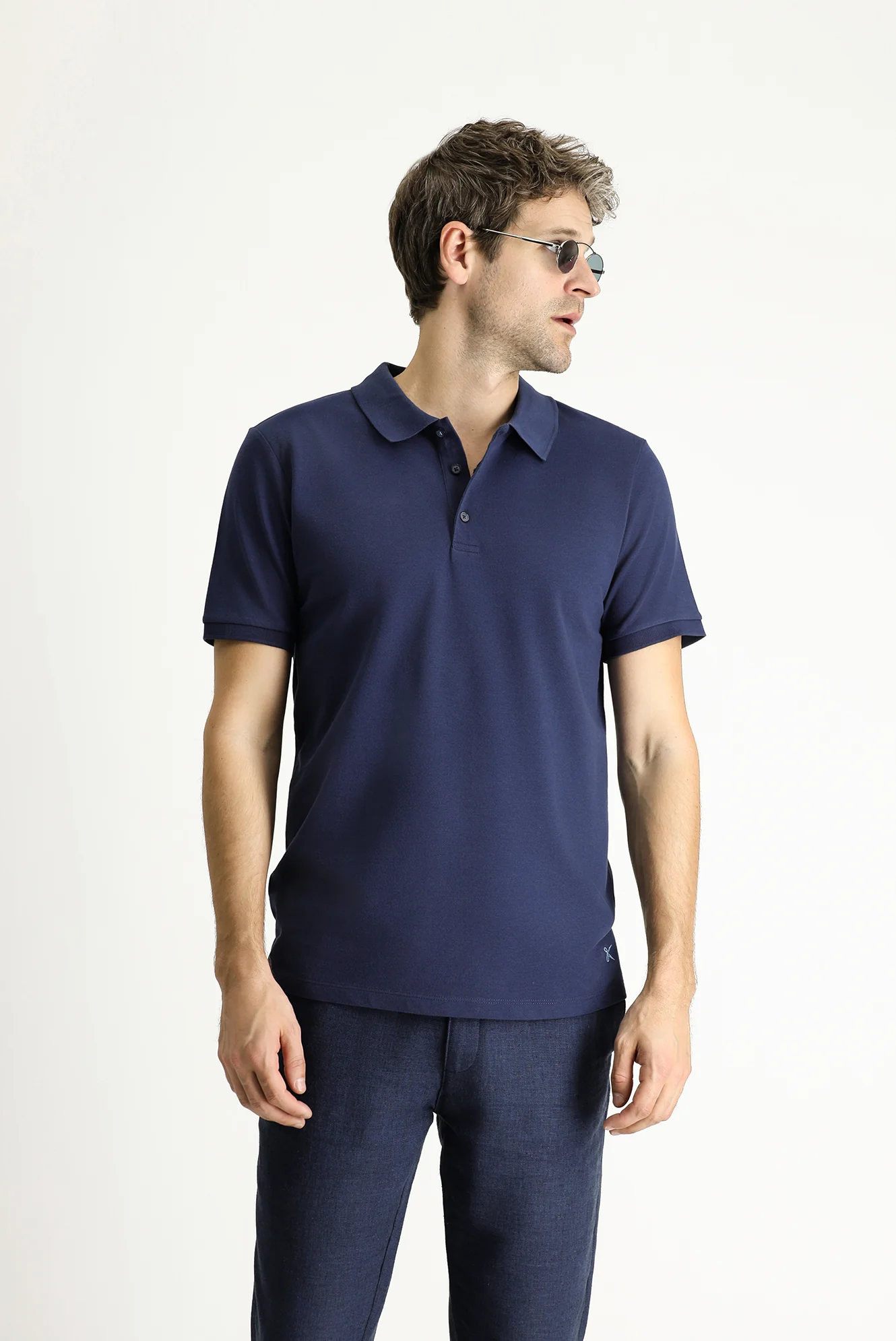 Lacivert Slim Fit Dar Kesim Nakışlı Pamuk Polo Yaka Tişört