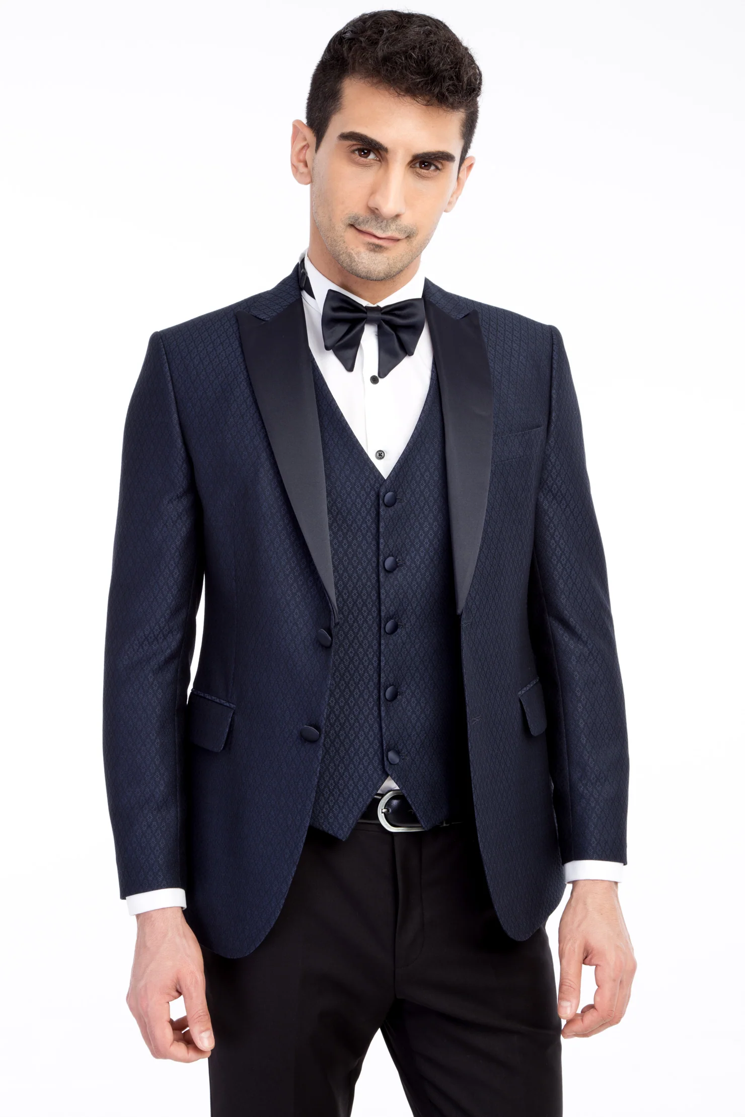 Lacivert 7 Drop Slim Fit Dar Kesim Şal Yaka Desenli Yelekli Smokin & Damatlık - Image 2