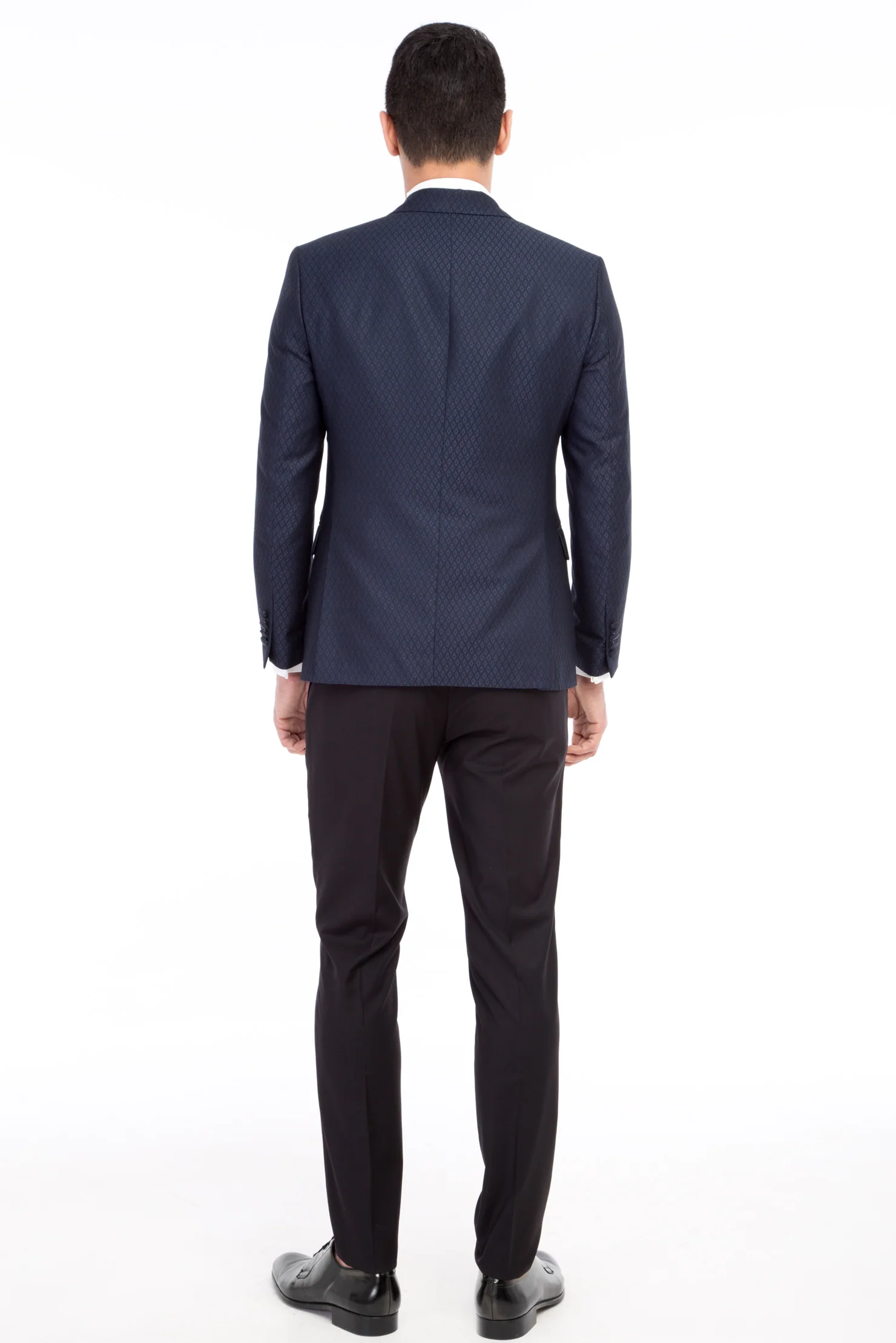 Lacivert 7 Drop Slim Fit Dar Kesim Şal Yaka Desenli Yelekli Smokin & Damatlık - Image 3