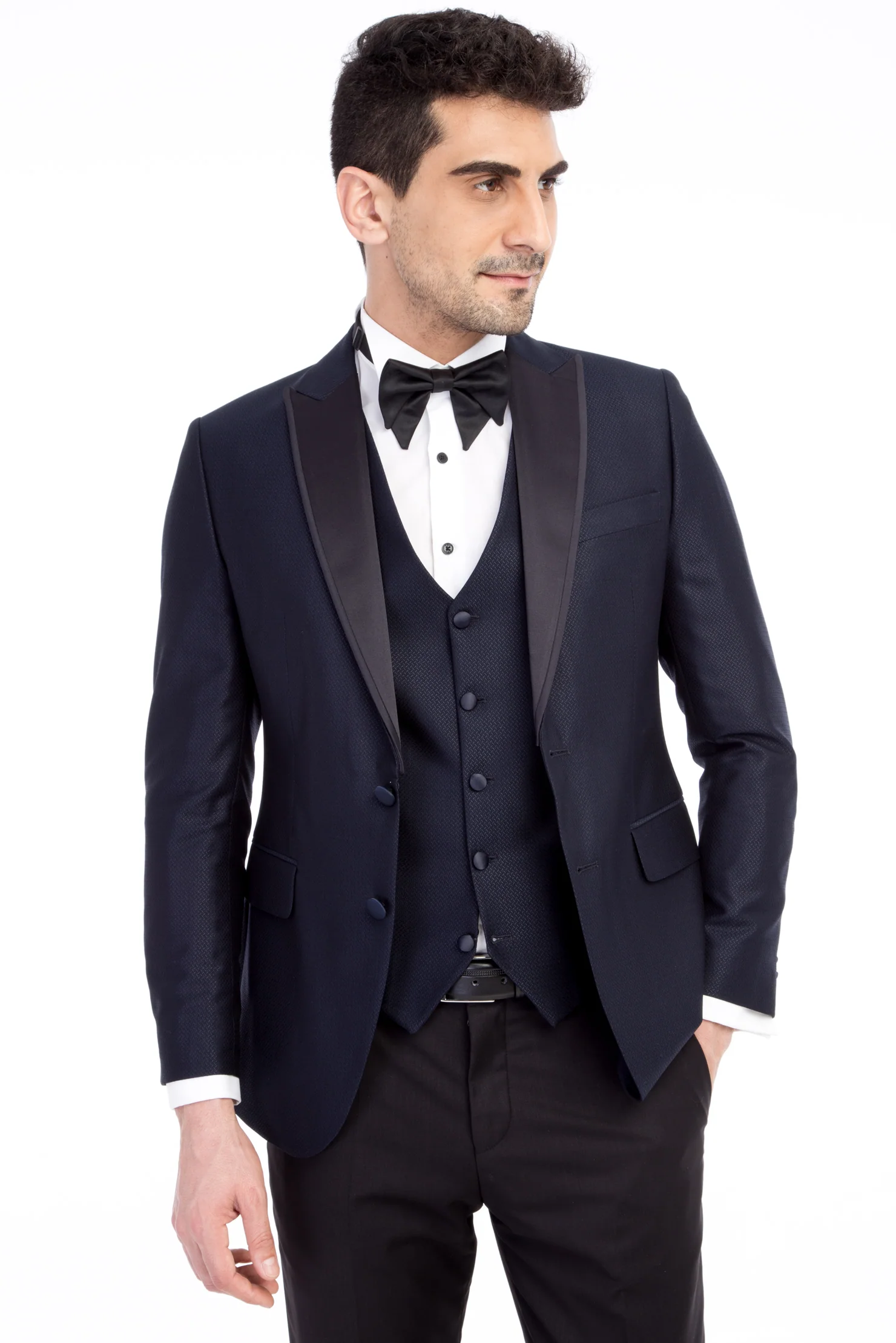 Lacivert 7 Drop Slim Fit Dar Kesim Sivri Yaka Desenli Yelekli Smokin & Damatlık - Image 2