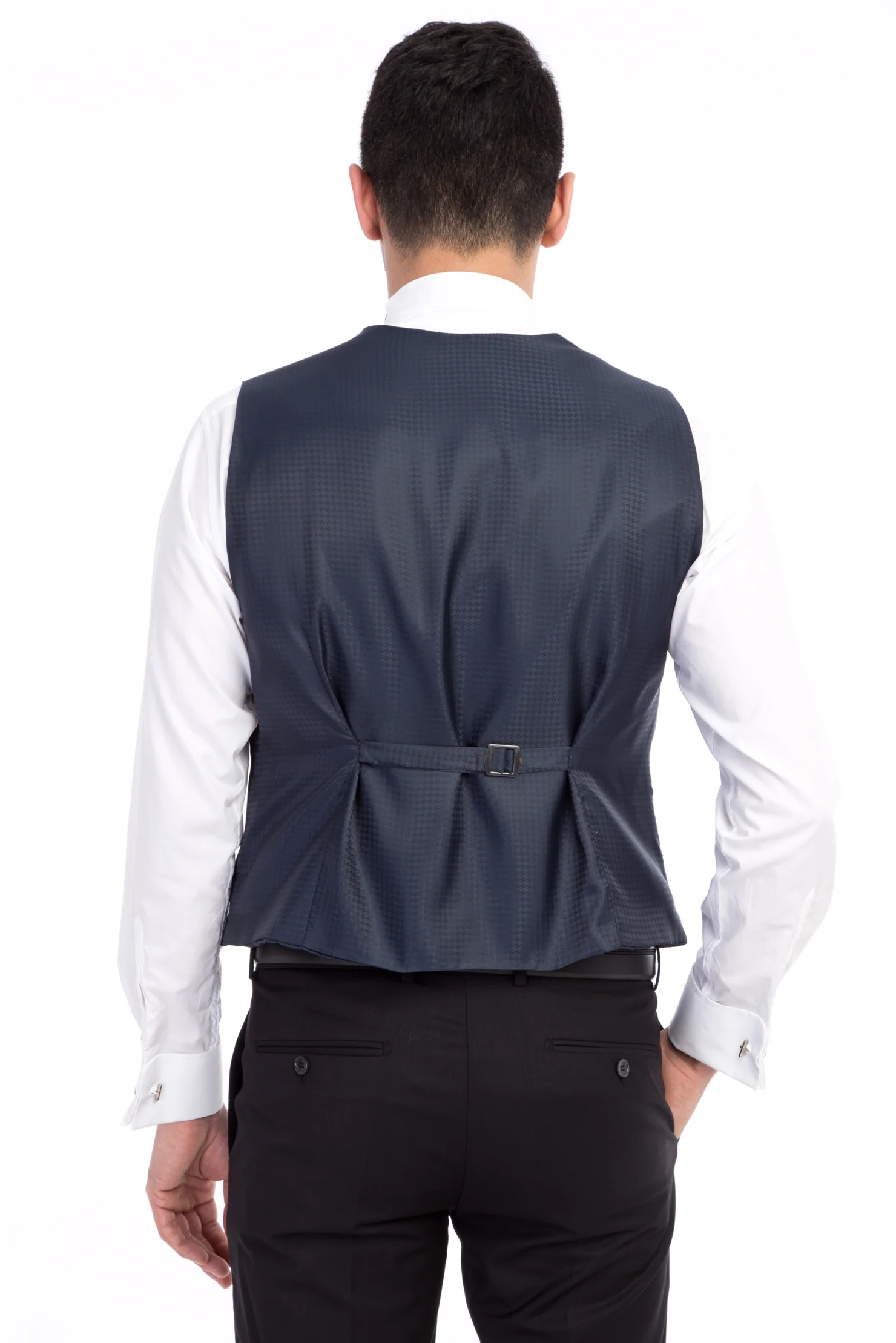 Lacivert 7 Drop Slim Fit Dar Kesim Sivri Yaka Desenli Yelekli Smokin & Damatlık - Image 5