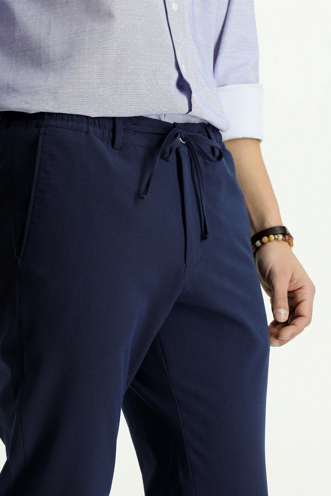 Lacivert 7 Drop Super Slim Fit Eksra Dar Kesim Beli Lastikli İpli Gofre Likralı Klasik Kumaş Pantolon - Image 5