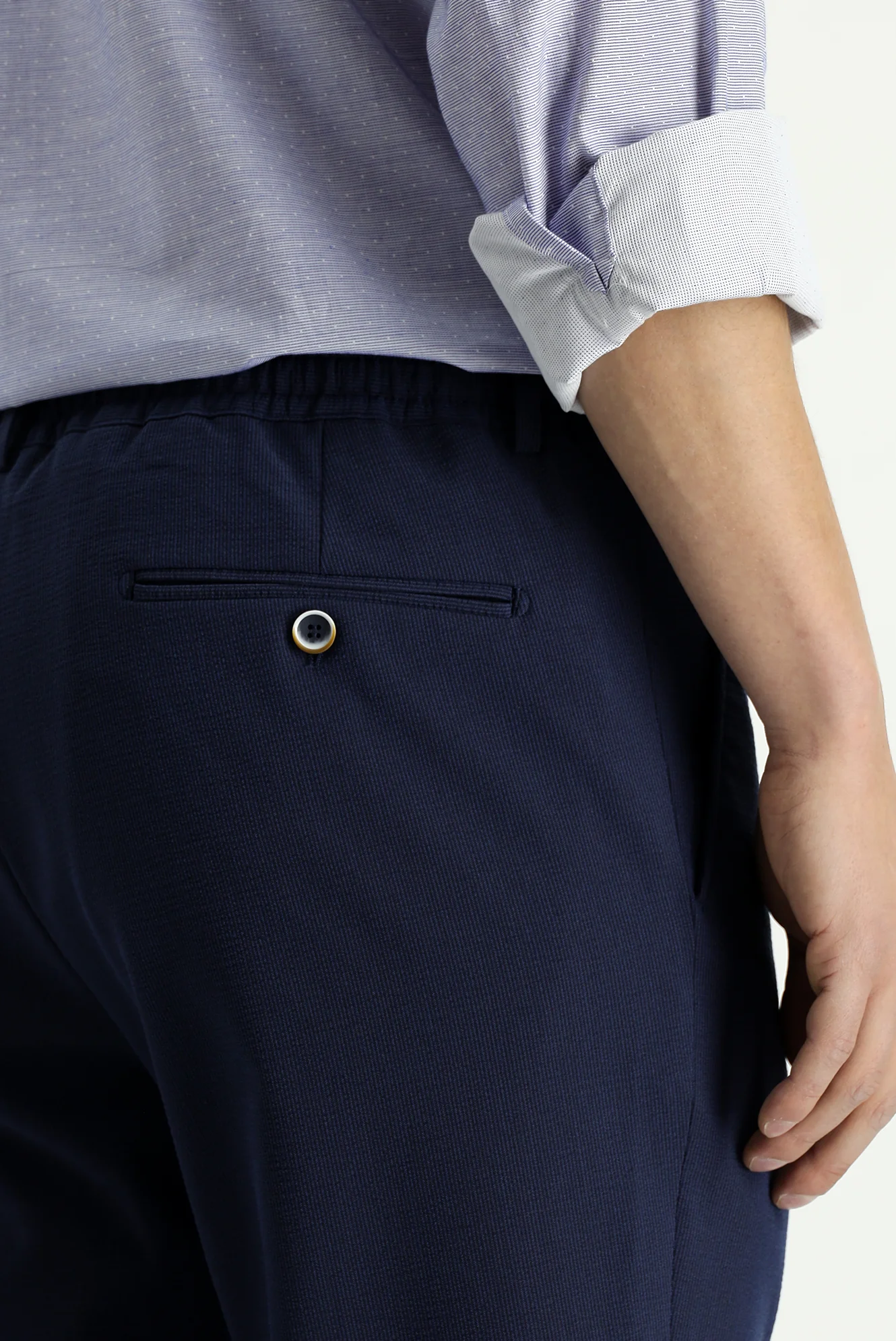 Lacivert 7 Drop Super Slim Fit Eksra Dar Kesim Beli Lastikli İpli Gofre Likralı Klasik Kumaş Pantolon - Image 6