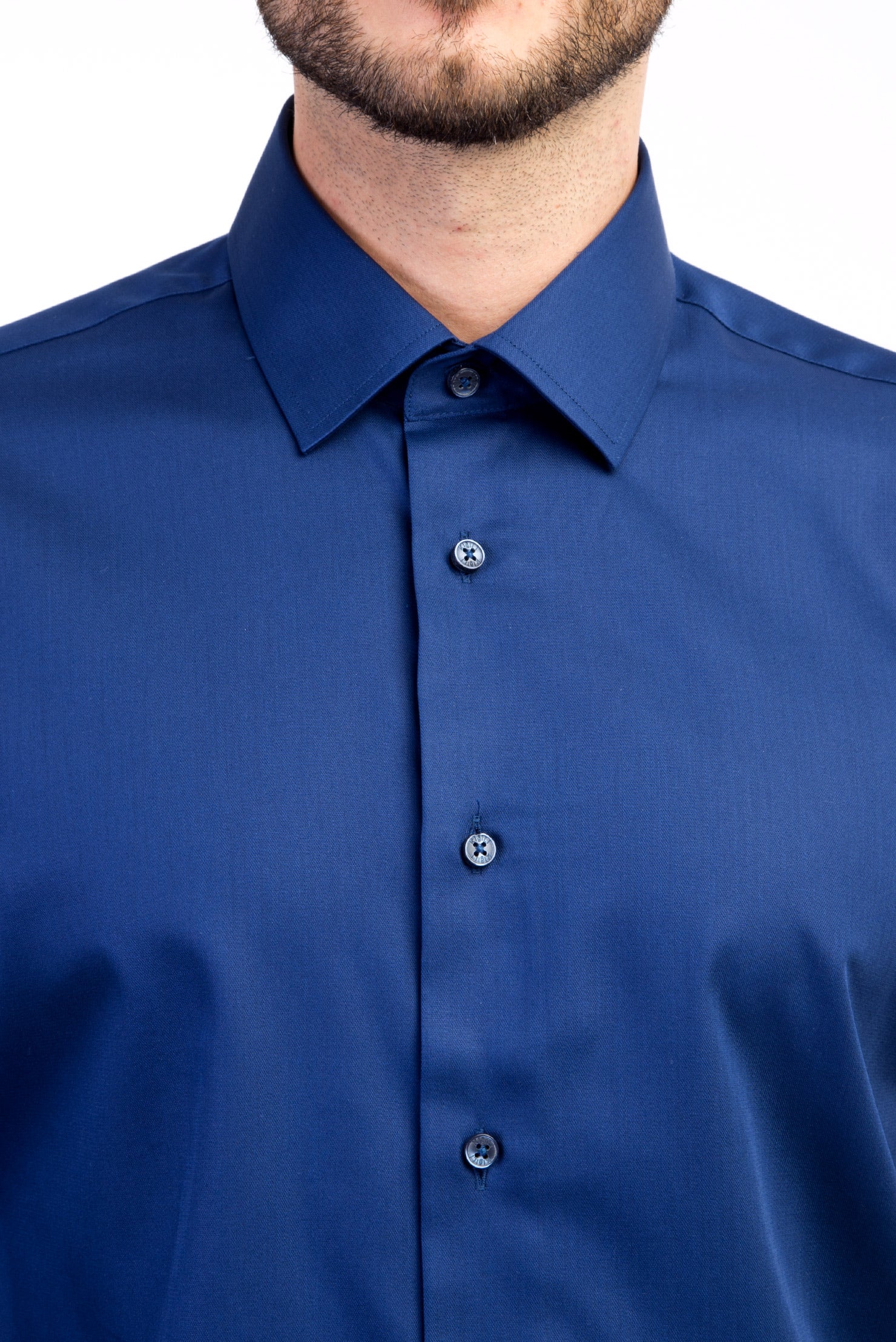 Lacivert Uzun Kol Non Iron Slim Fit Dar Kesim Saten Gömlek - Image 2
