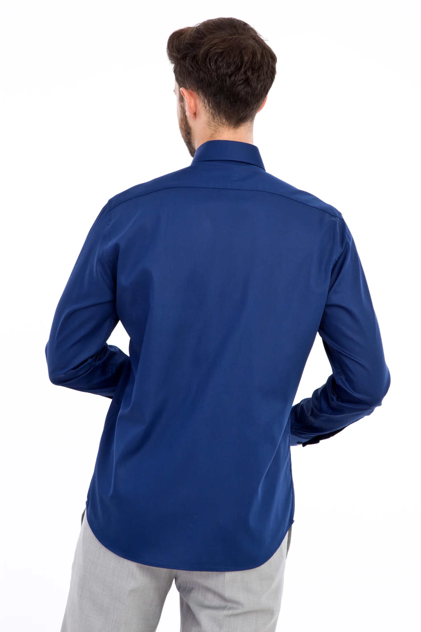Lacivert Uzun Kol Non Iron Slim Fit Dar Kesim Saten Gömlek - Image 3