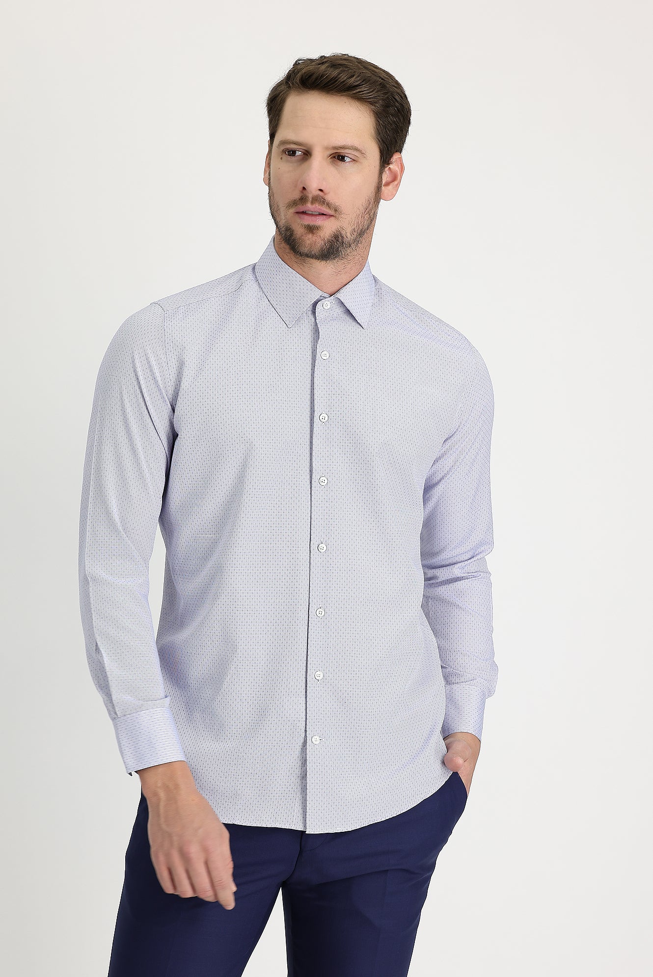 Lacivert Uzun Kol Slim Fit Dar Kesim Desenli Pamuklu Gömlek - Image 4