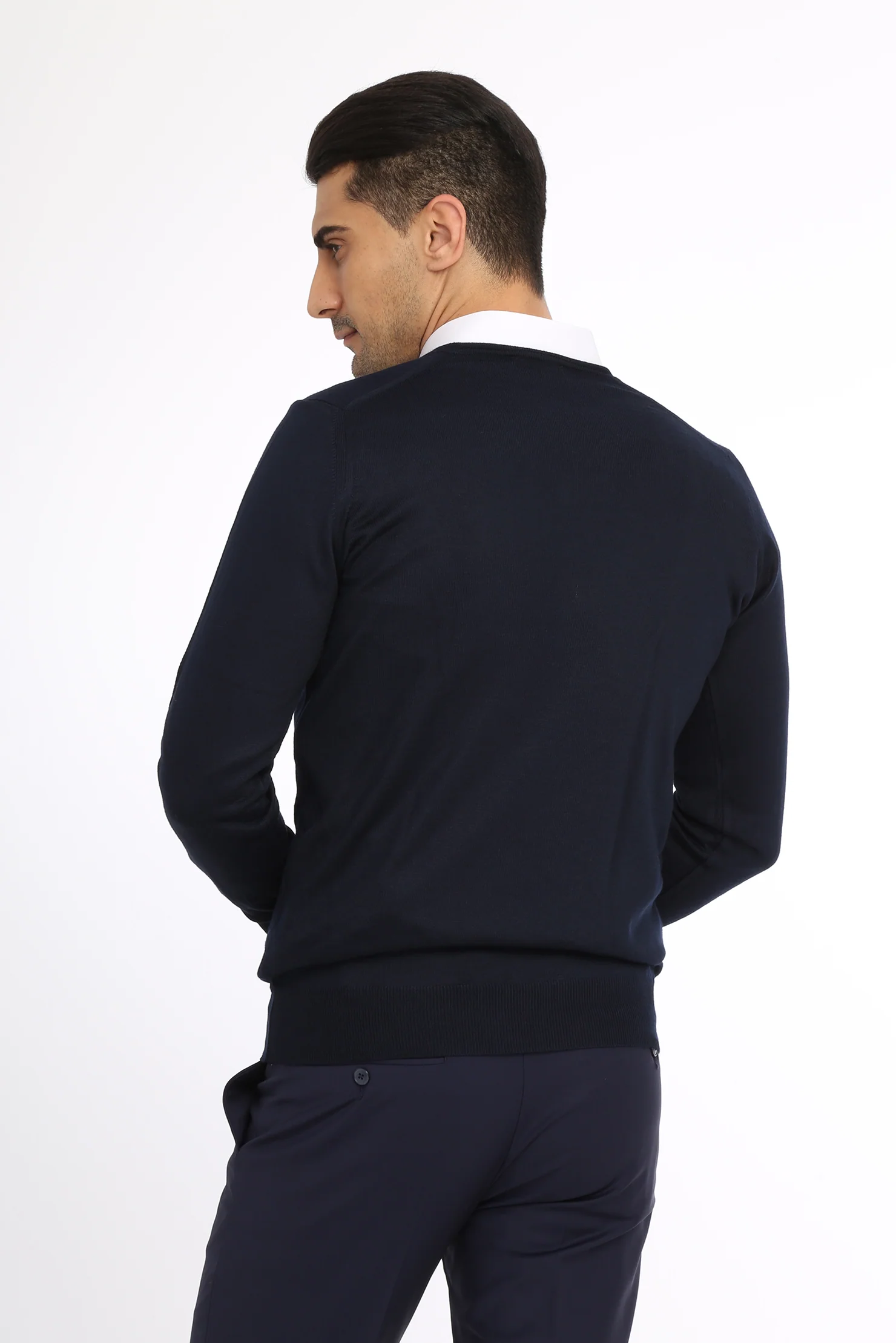 Lacivert V Yaka Regular Fit Yünlü Triko Kazak - Image 3