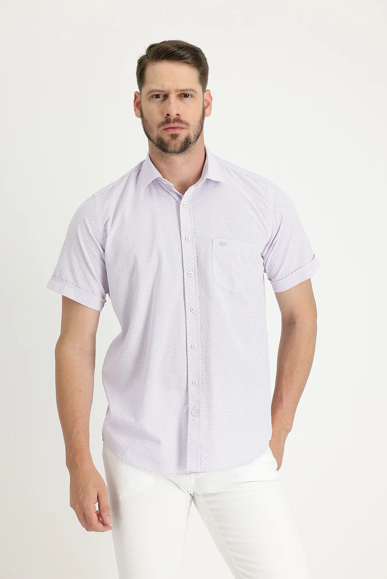 Lila Kısa Kol Regular Fit Desenli Gömlek - Image 2
