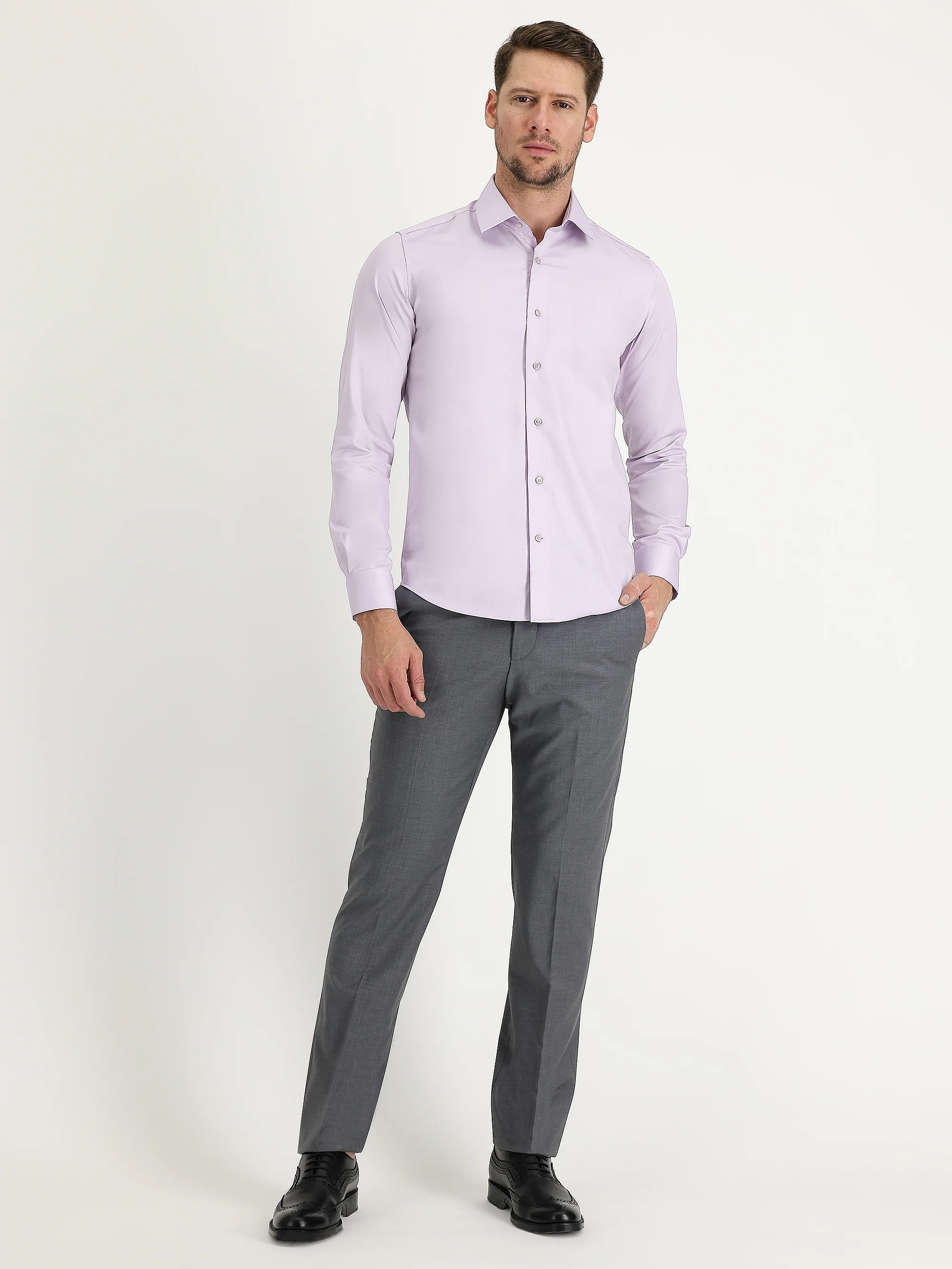 Lila Uzun Kol Non Iron Slim Fit Dar Kesim Pamuklu Gömlek - Image 2