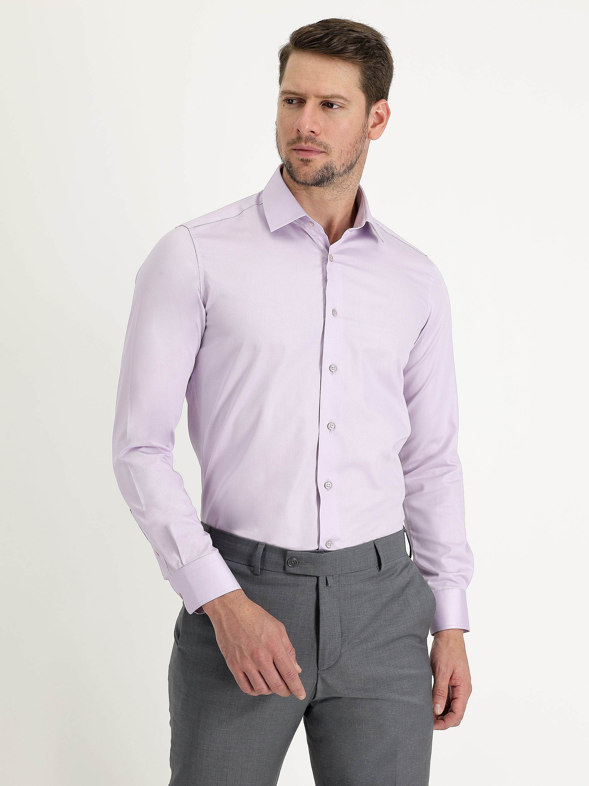 Lila Uzun Kol Non Iron Slim Fit Dar Kesim Pamuklu Gömlek - Image 4