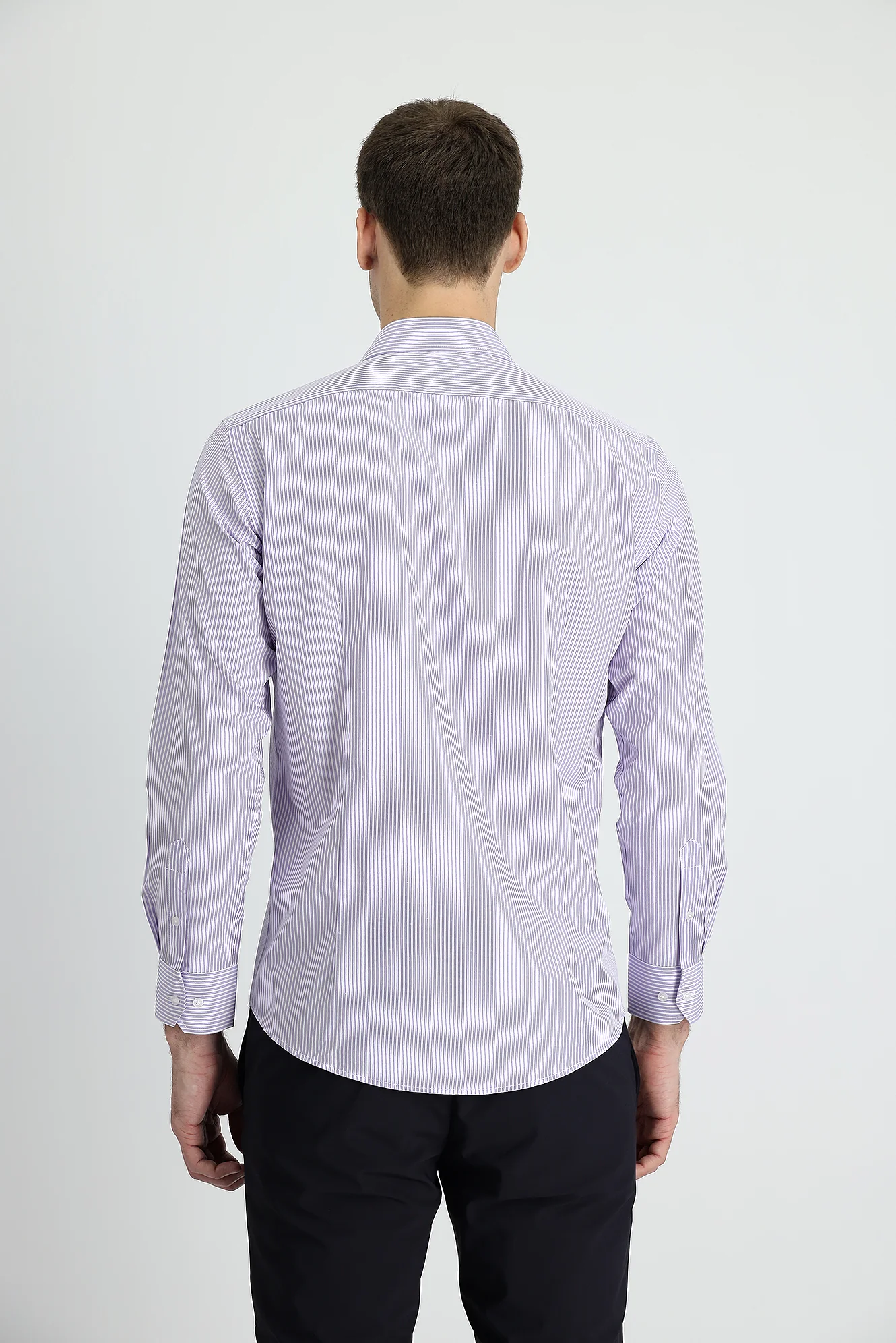 Lila Uzun Kol Slim Fit Dar Kesim Çizgili Pamuklu Kolay Ütülenebilir Gömlek - Image 2